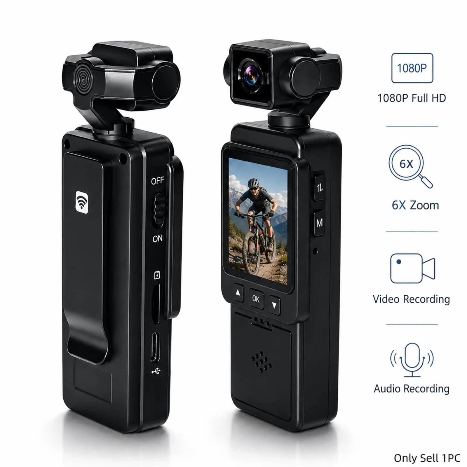 1080P WiFi Pocket Camera, Portable Action Camera with 270° Adjustable Lens, 6X Digital Zoom, Color Night Vision and Wearable POV Body Cam