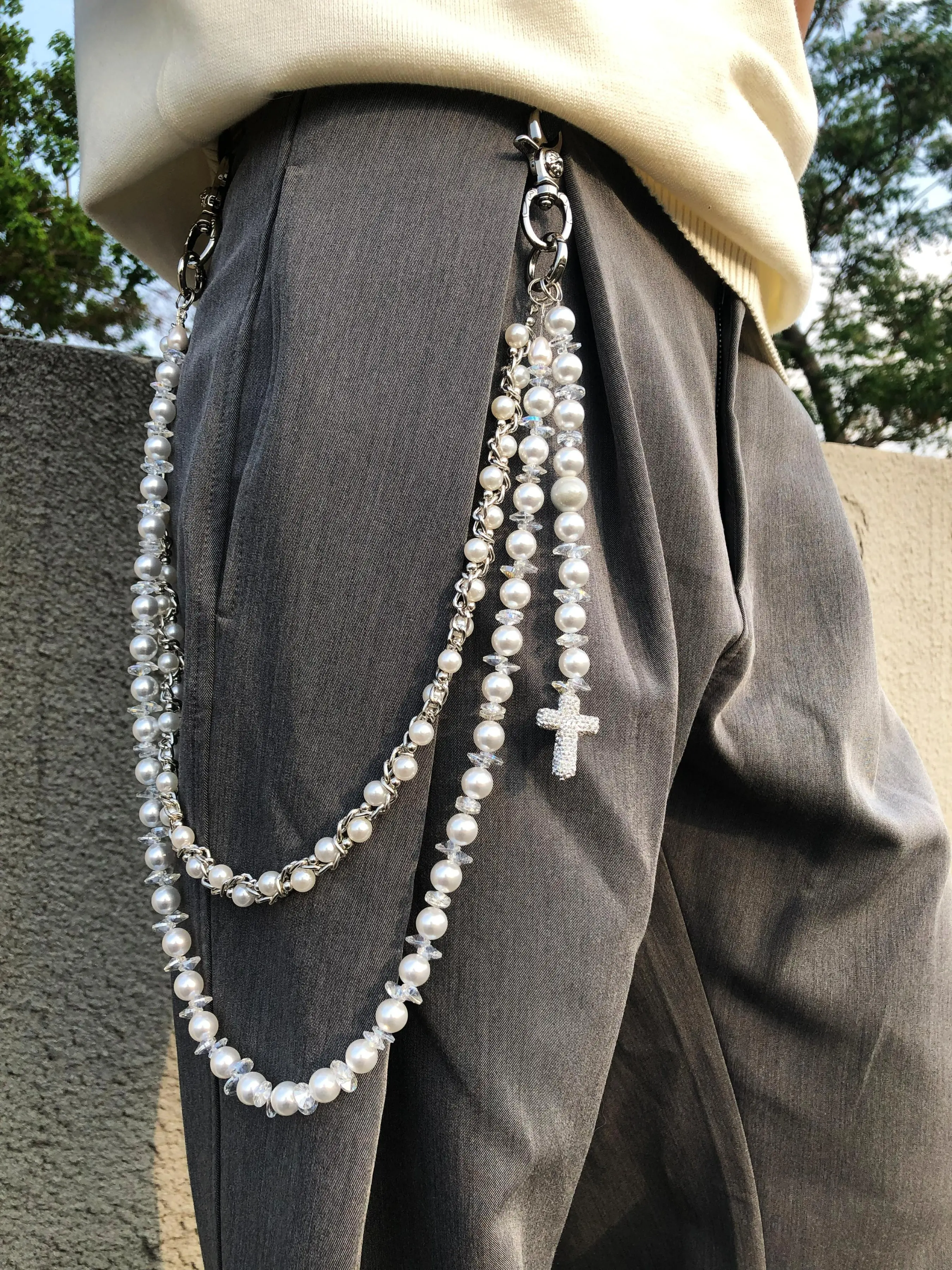 Double Layer Pearl Pants Chain, Shell Bead Cross Pendant, Handmade Multi-Layer Beaded Waist Belt, Street Style Fashion Accessory, Body Jewelry