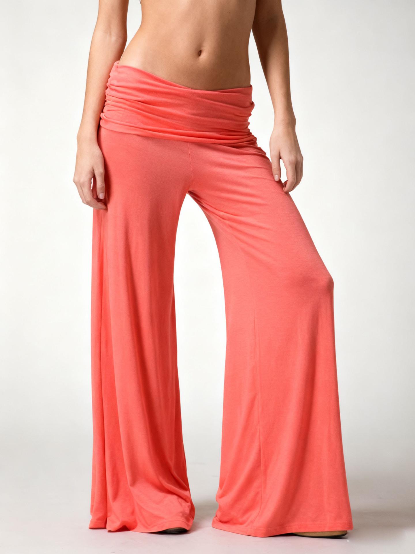 Women's Y2K Trendy Coral Pink Fold Over Wide Leg Pants, High Waist Ruched Flare Sweatpants, Loose Stretchy Streetwear Casual Daily Shopping Party Lounge Trousers 2026
