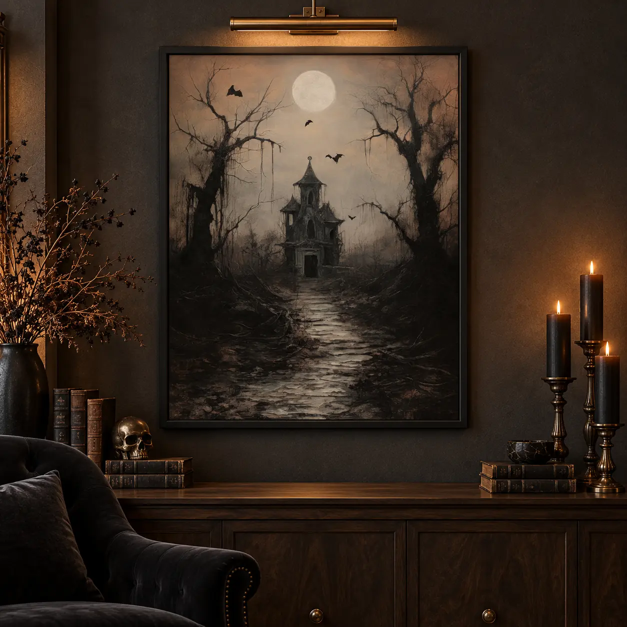 Gothic Haunted House Wall Art, Dark Moonlit Forest Poster with Bats and Bare Trees for Bedroom, Living Room, Entryway and Halloween Decor