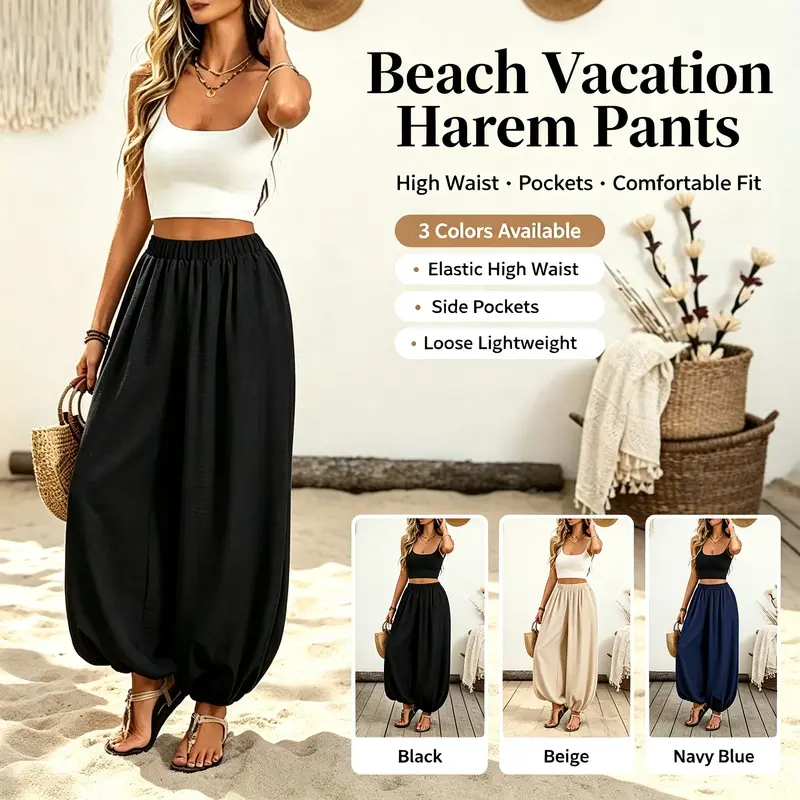 Women's 2026 Summer High-Waist Ice Crinkle Harem Jogger Bottoms - Elastic Waist, Oversized Loose Lantern Leg Pants, Soft Polyester Spandex, Side Pockets, Matching Outdoor Casual Beach Vacation Long Pants, Day, Cuffed, Basic, Breathable, Comfy
