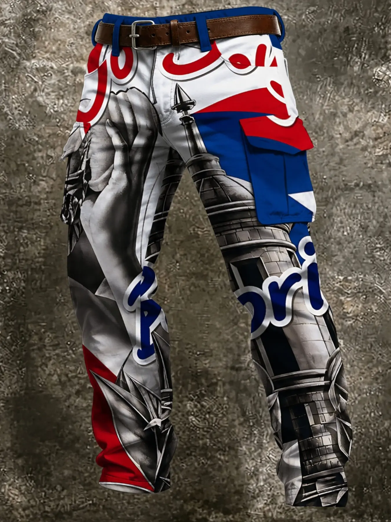 Eiffel Tower Retro Letter Full Print Cargo Pants, Blue Patchwork, Urban Art Streetwear, Multiple Side Pockets, Long Pants