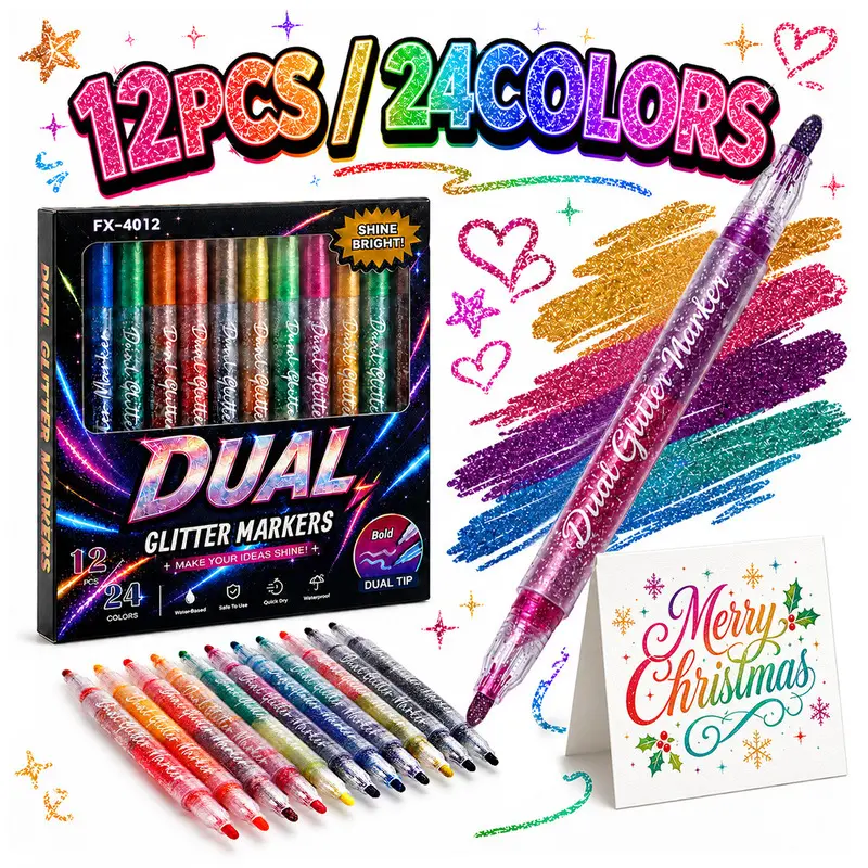 24 Colors Double Head Markers Set for Bullet Journaling, Shimmering Glitter Highlighters for Kids Drawing, Students Greeting Cards, Art Supplies with Fluorescent Ink & Dual Tips