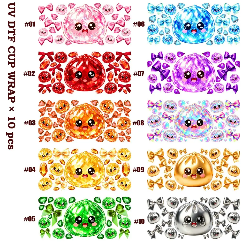 10pcs Cute Baozi Theme UV DTF Stickers, DIY Stickers for 16oz Glass Cups, Mugs, Woodcraft, Water Bottles, Christmas Decor