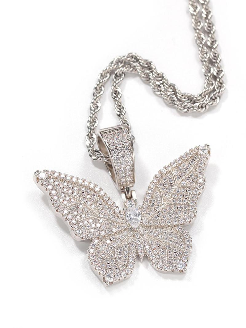 Rhinestone Butterfly Pendant Necklace for Women, Shining Party Accessories, Luxury Gorgeous Rope Chain Necklace, Fashion All-match Jewelry for Party, Daily Clothing Decor for Girl, Jewelry Accessory