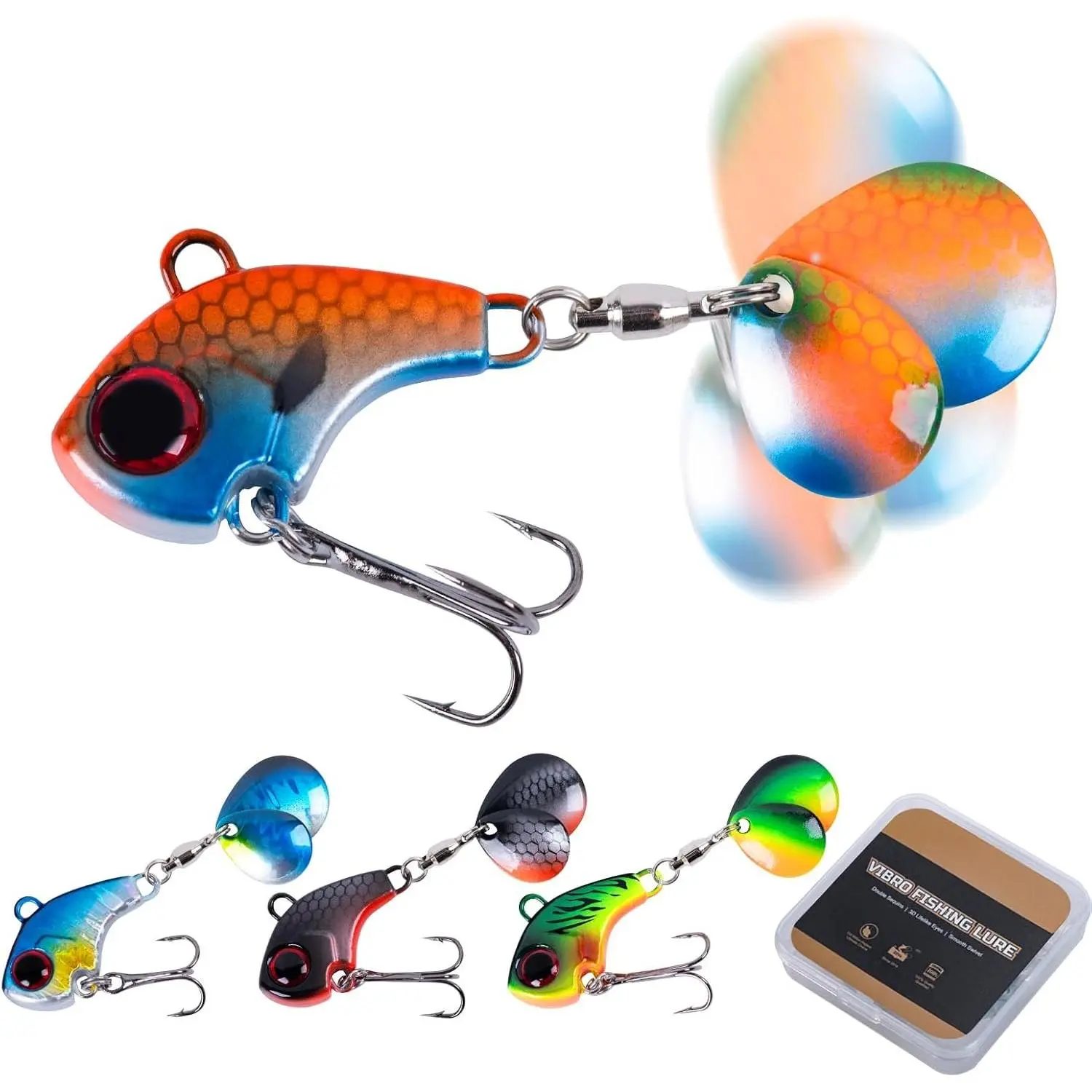 Fishing Lures VIB Tail Spinners  Set, Two-Way Spinning Spoon System with  Treble Hook, Fixed Tube Anti-,  Eyes Sinking Lures with Tackle Box, Fishing Jigs Fishing Spinner