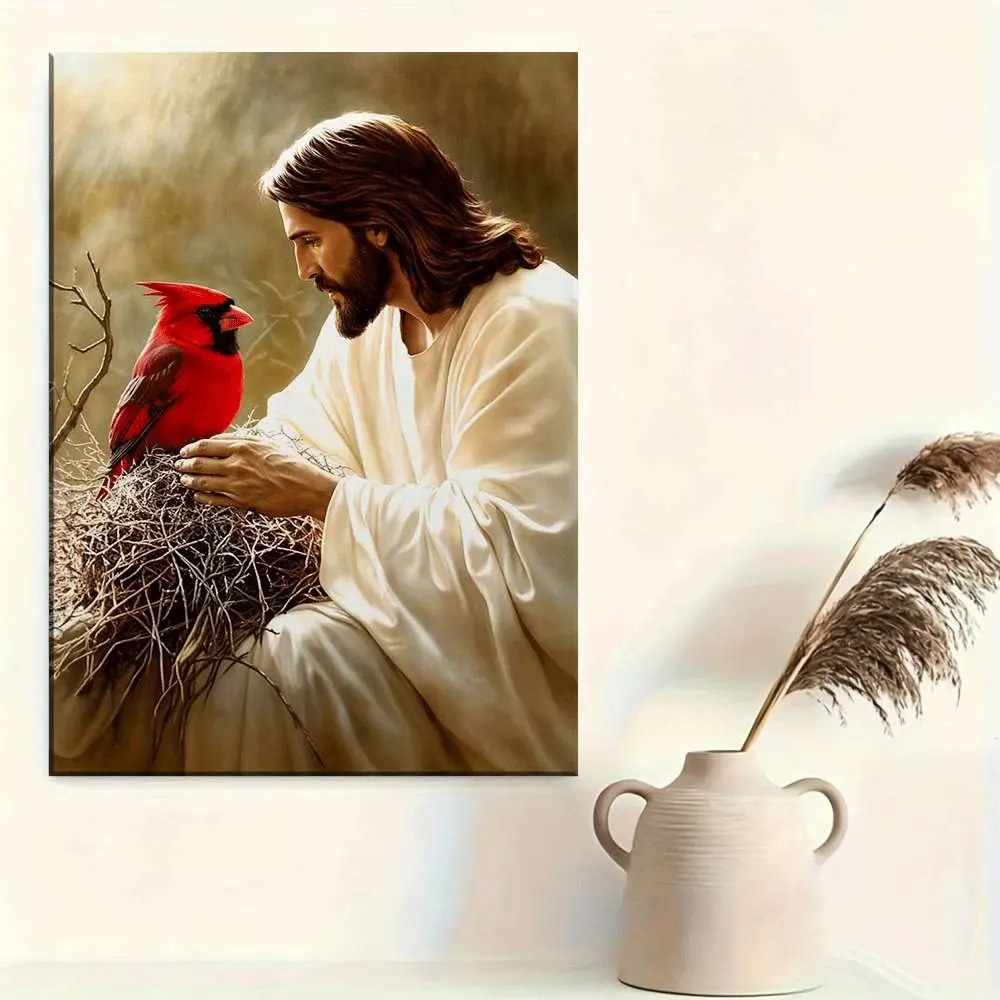 2D plane, 1 piece vertical red-crowned phoenix nest wall hanging painting, featuring a depiction of a person and a nest - solid wood frame, suitable for bedroom and living room decoration, modern minimalist style/decoration, New Year housewarming gift, 2D