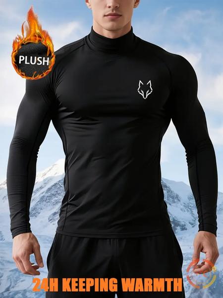 2PCS Men's Thermal Underwear Set – Black Base Layer with Wolf Logo | Warmth Retention, Winter Long Johns for Skiing, Hiking, Outdoor Sportswear for Cold Weather