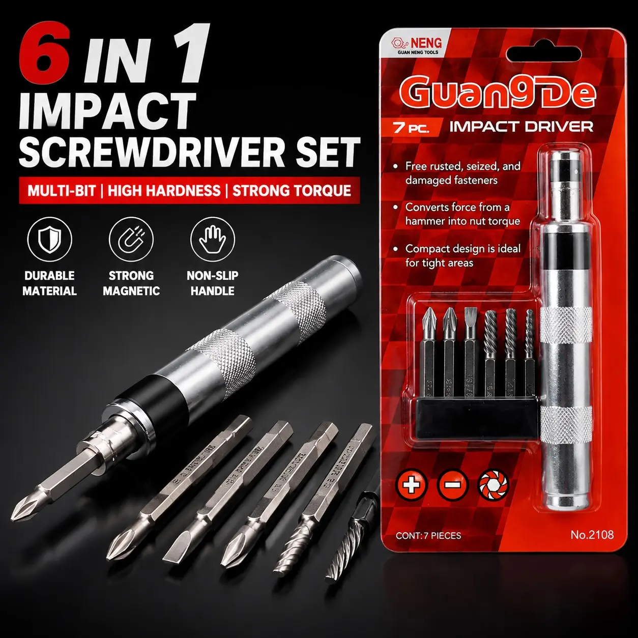 7-Piece 6-In-1 Impact Screwdriver Set, Multi-Functional Electric/manual Driver Kit, Non-Slip Metal Handle, Strong Magnet Bit, Home/car Repair Tool