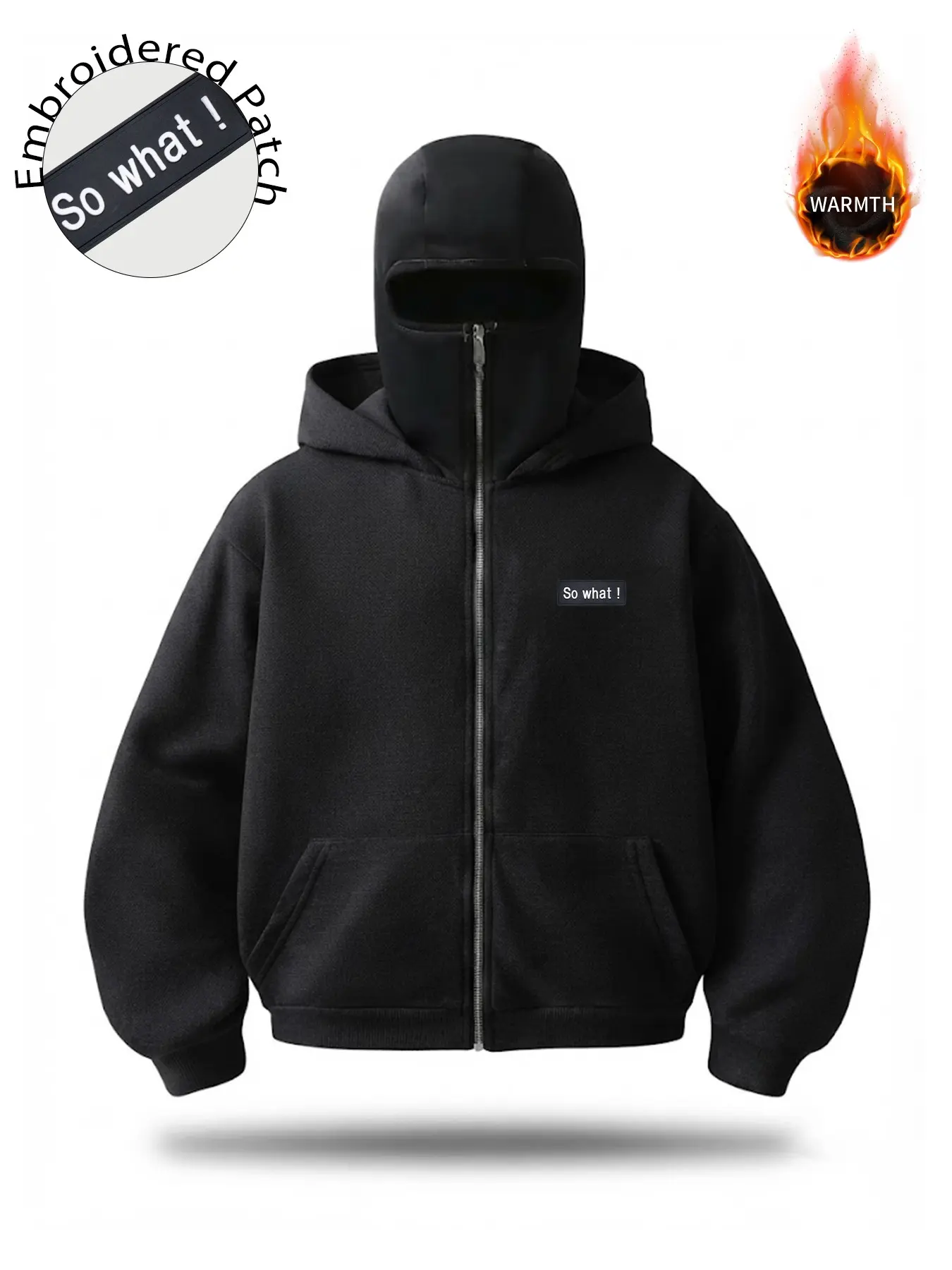 Y2K American Street Style Balaclava Hooded Zipper Jacket, Detachable Face Mask, Thick Soft Fleece Fabric, Versatile Outdoor Wear