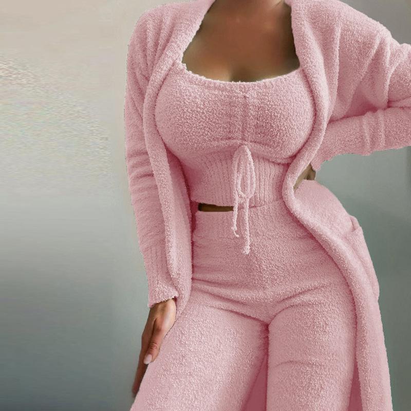 Women's Cozy Plush Loungewear Set Autumn Winter Solid Color 3-Piece Lace-Up Leisure Pajama Set for Home & Lounge Long Sleeve Minimalist Nightwear Fabric Womenswear Cardigan Matching Pants Top Homewear Pjs Basic Casual