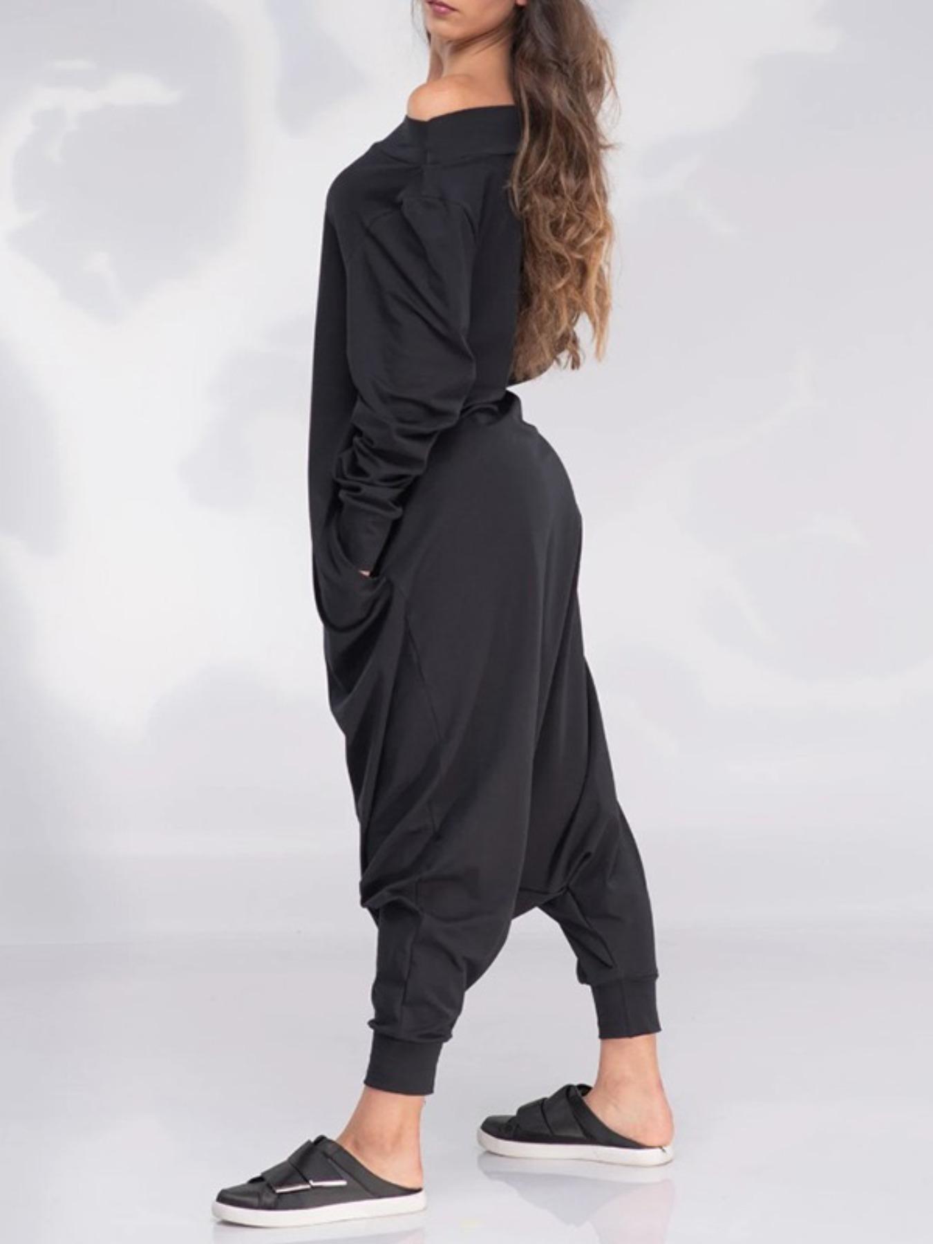 Women's Solid Woven Off-Shoulder Long Sleeve Jumpsuit, Casual Comfy Loose Jumpsuit for Spring & Fall, Ladies Clothes for Daily Wear