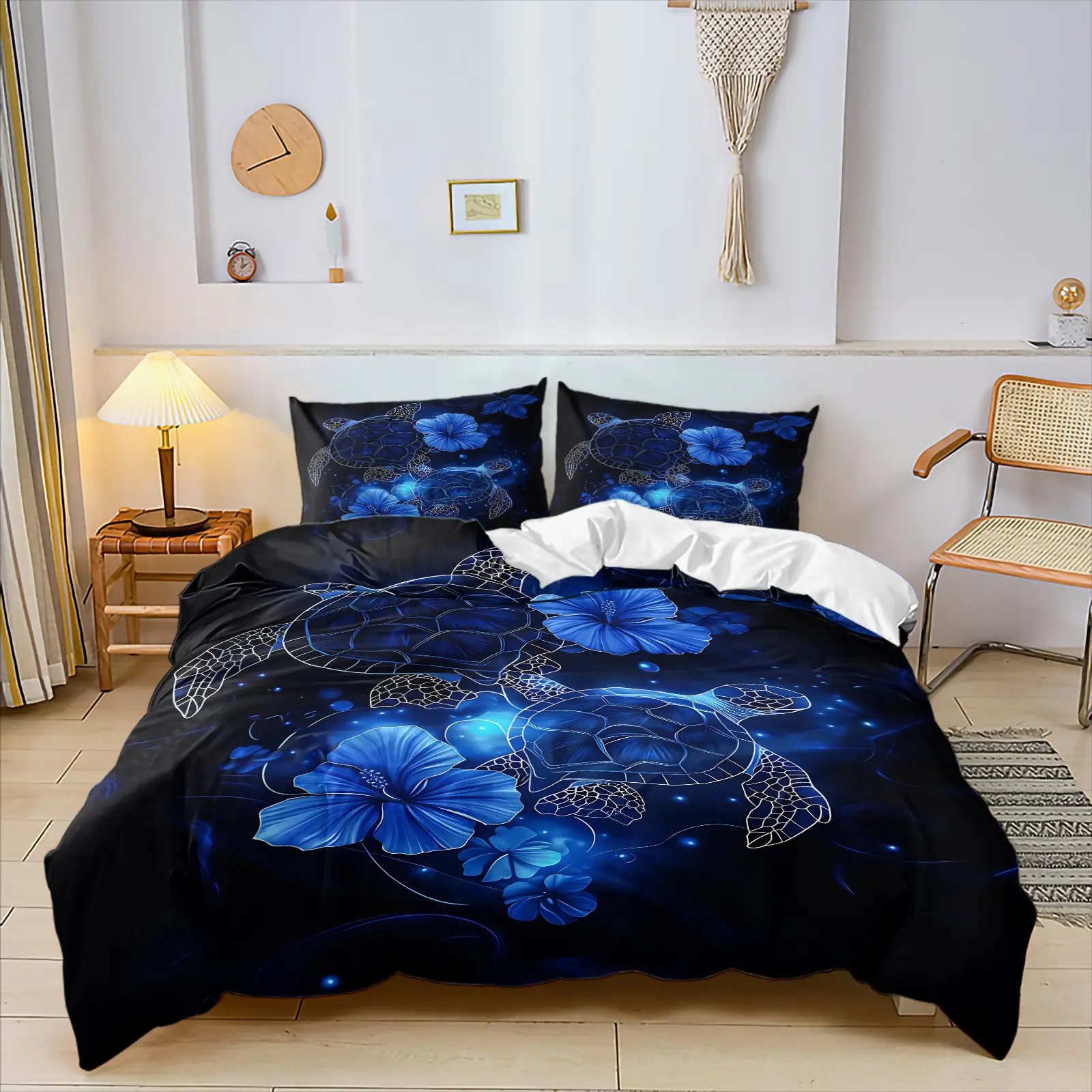 Hawaiian Tropical Neon Blue Sea Turtle Hibiscus Duvet Cover Set, 1 Duvet Cover & 1-2 Coreless Pillowcases,Tropical Flowers And Shimmering Wave Texture Prints, Soft, Breathable Lightweight Fabric, Neutral Ocean Style Bedroom Decor