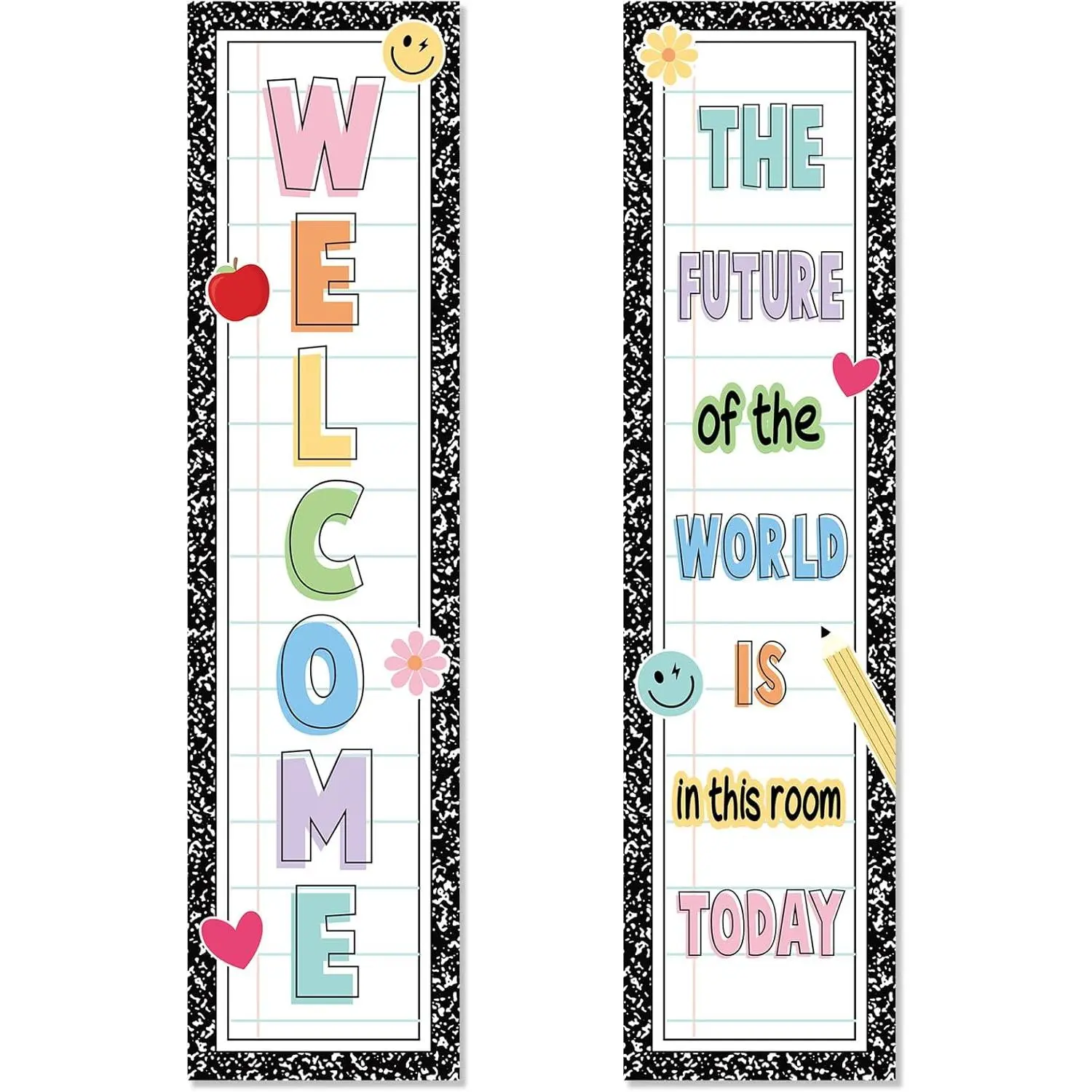 2-Count Composition Welcome Banner Posters, Double Laminated 114x28.8cm Classroom Decor for Wall/Door, School Room Motivational Sign to Welcome Students (The Future of The World Is In This Room Today)