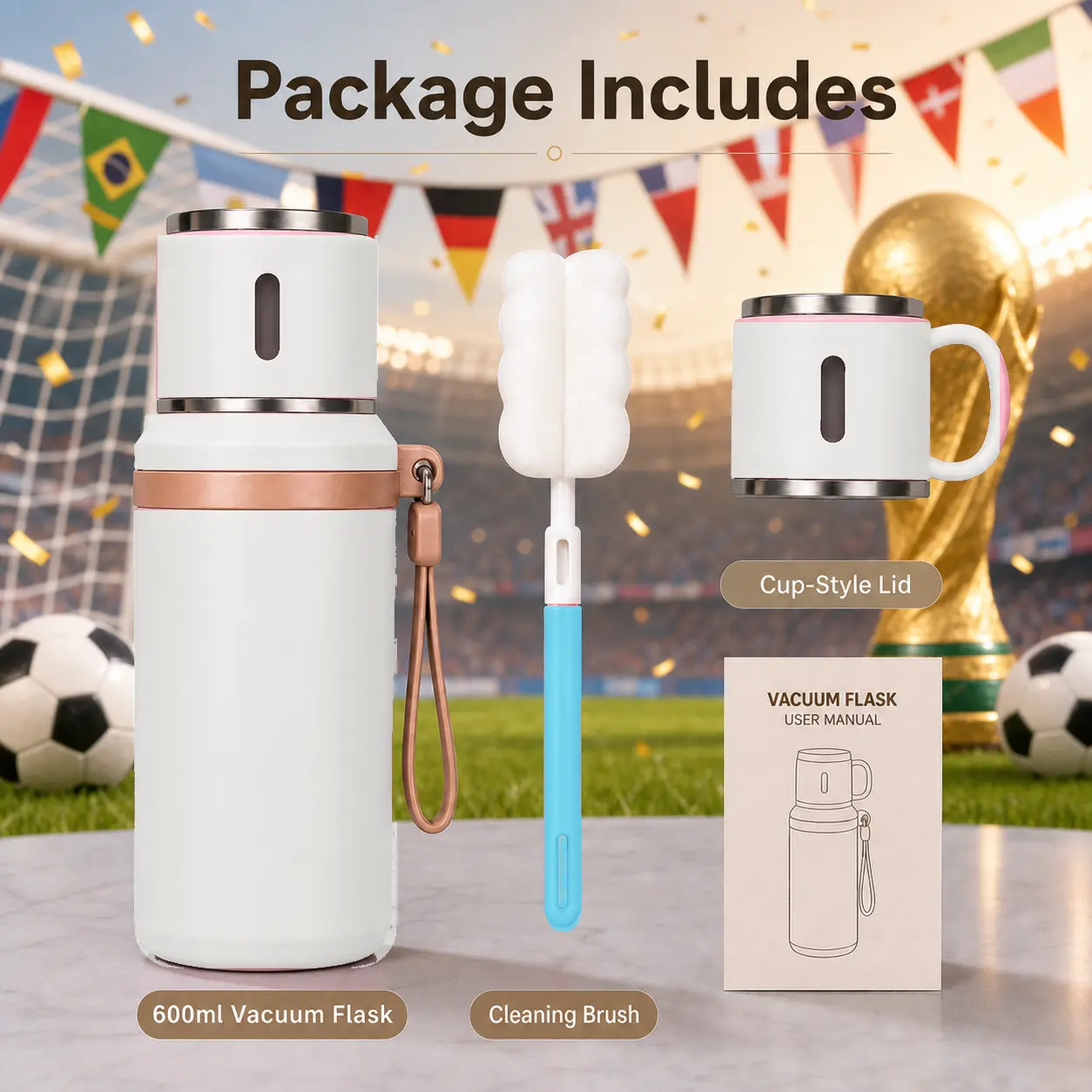 600ml 500-1000ml Range Vacuum Insulated Flask - 316 Stainless Steel, Solid Heat Resistant Leak-Proof Portable Drinkware for Adults, Cup-Style Lid, Brush, Travel Use