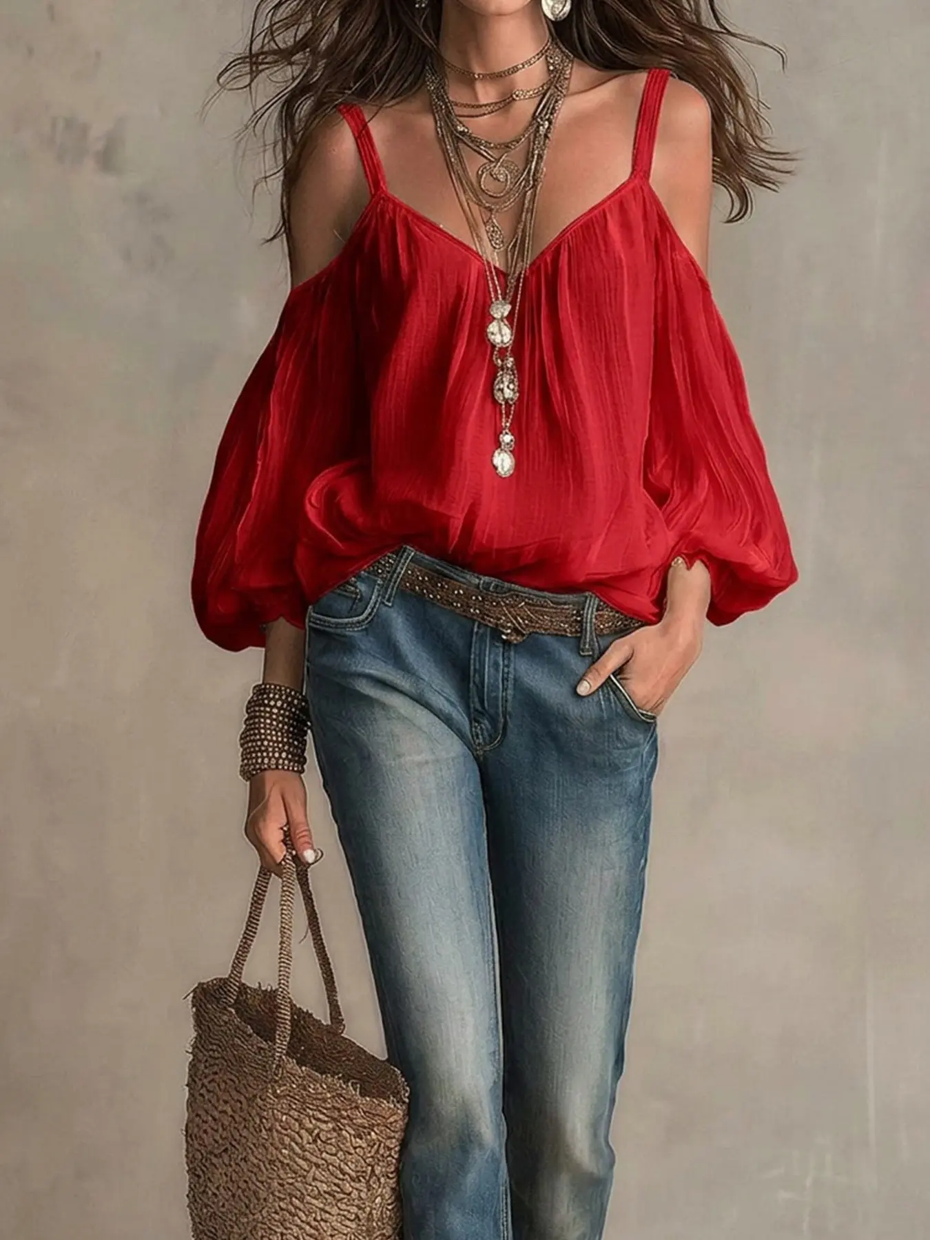 Vintage Bohemian Boho Style V Neck Off-Shoulder Halter Top, Loose Textured Pleated Lantern Sleeve, Casual Vacation Wear, Versatile Women's Shirt Blouse