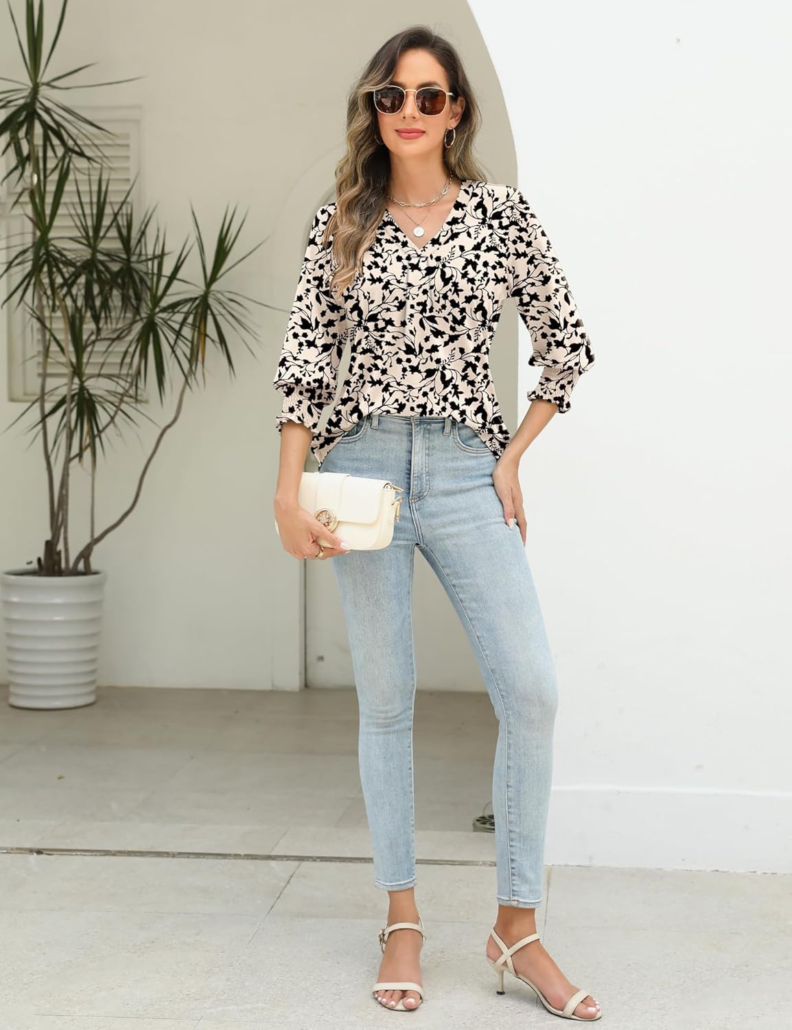 3/4 Length Sleeve Womens Tops Summer Fashion V Neck Business Casual Blouses Smocked Shirts