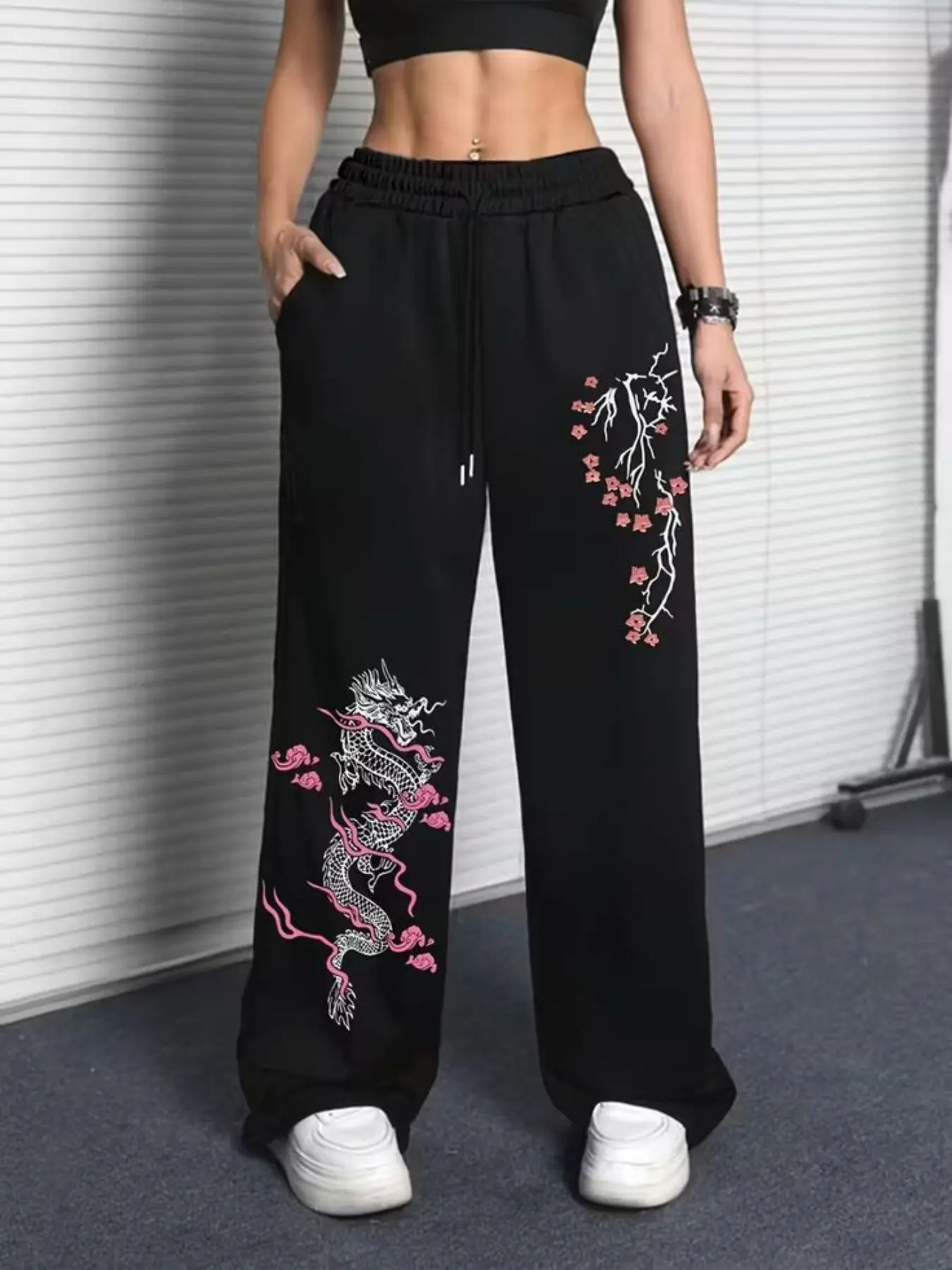 New Traditional Dragon Cloud Cherry Blossom Print Wide Leg Sweatpants, High Waist Loose Fit Casual Long Pants, Y2K Retro Style