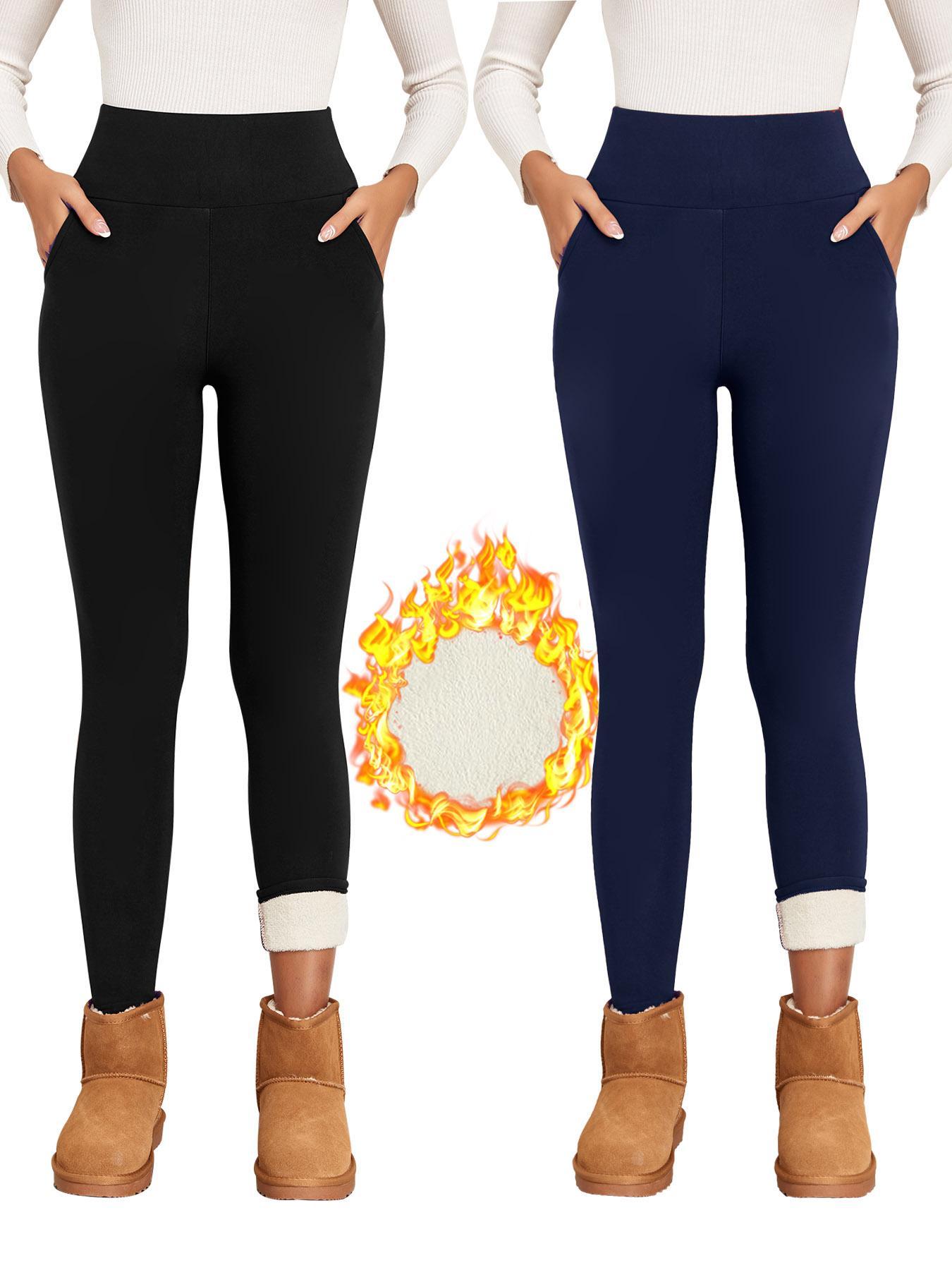 Women's Plain Basic Minimalist Pocket High Waist Thermal Lined Leggings, Casual Comfy Warm Skinny Pants for Everyday Wear, Ladies Bottoms for Winter Womenswear