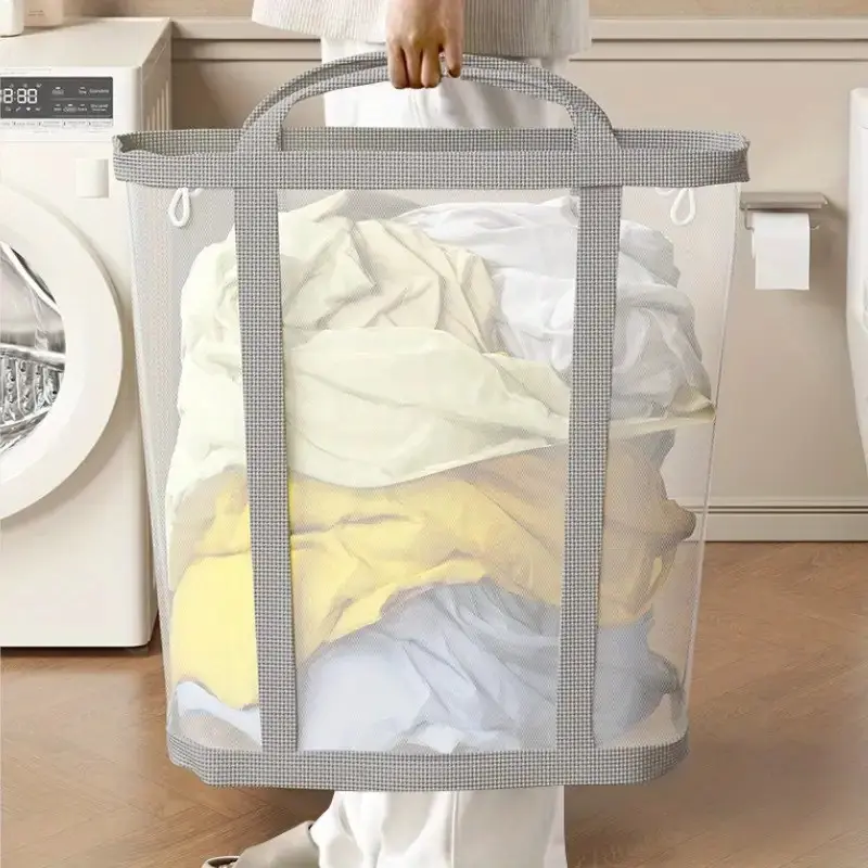 Multifunctional Foldable Mesh Laundry Basket with Handle, Portable Storage Bag, Space-Saving Clothes Organizer, Large Capacity