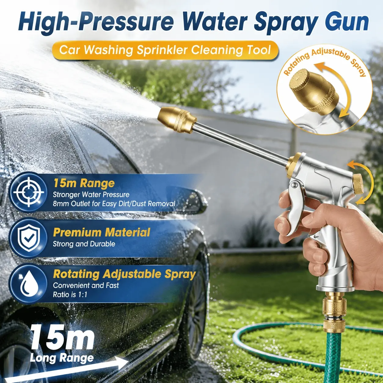 Heavy Duty Metal High Pressure Garden Hose Nozzle, 360° Rotation Water Flow Control for Car Washing, Outdoor Gardening, Pet Shower, Yard Cleaning. Durable & Multi-function Spray Head Fits Standard Hose.