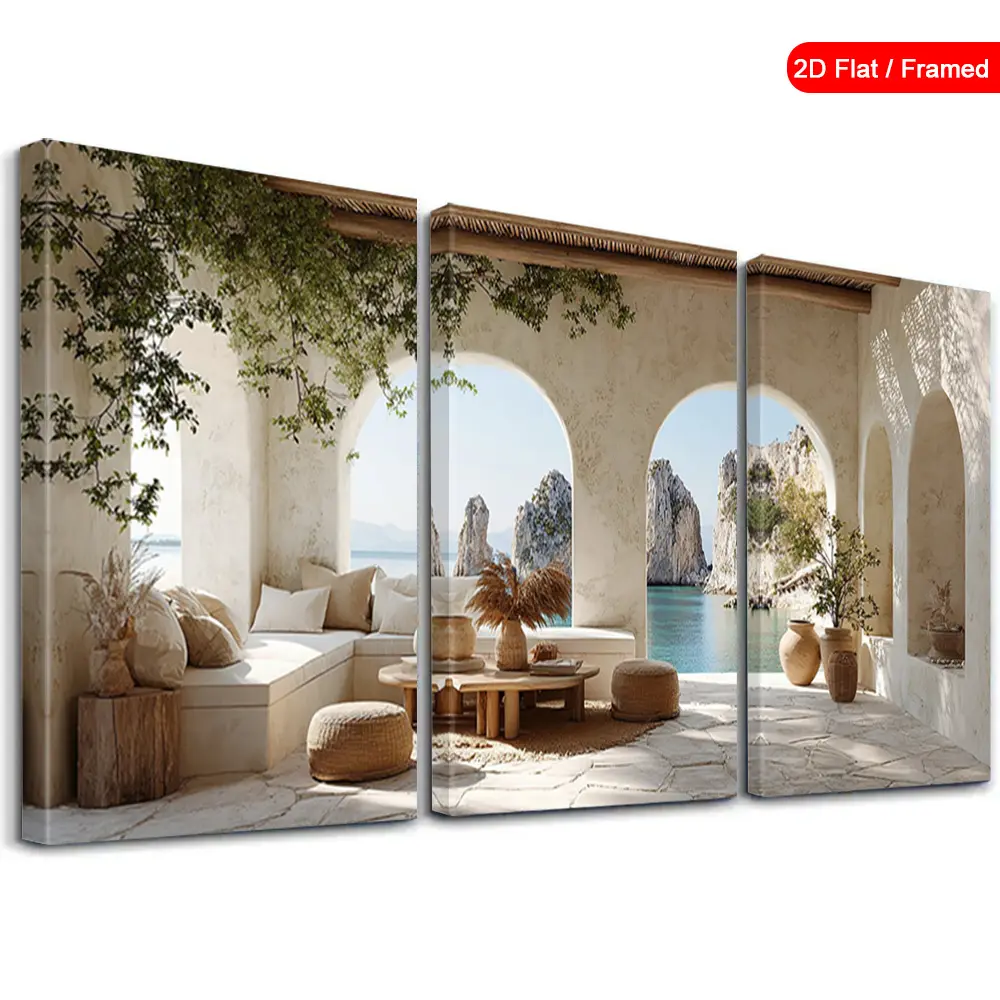 2D FlAT Printing 3Pcs Framed Wall Decor Mediterranean Arched Window Coastal View Canvas Art, Elegant Seaview Wall Mural For Living Room Bedroom Bathroom Office Outdoor Home, Birthday Housewarming, Christmas Thanksgiving Mother's Day Holiday Presents