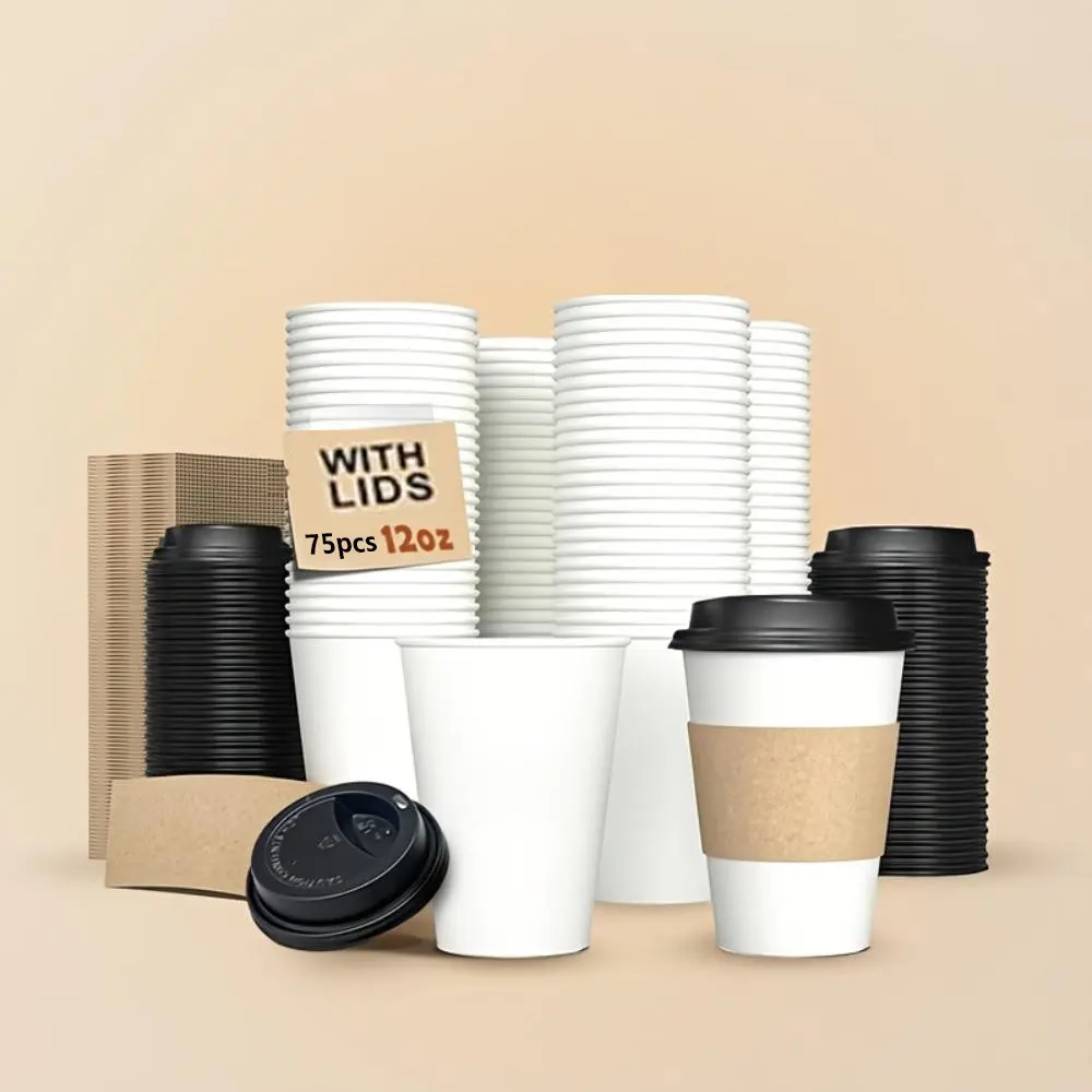 Disposable Coffee Cup with Lid & Sleeve, 12oz Disposable Coffee Cup, Disposable Tableware for Hot & Cold Drinks, Party Supplies, Disposable Cups, Paper Cup, Bulk Packaging, Protective Sleeves