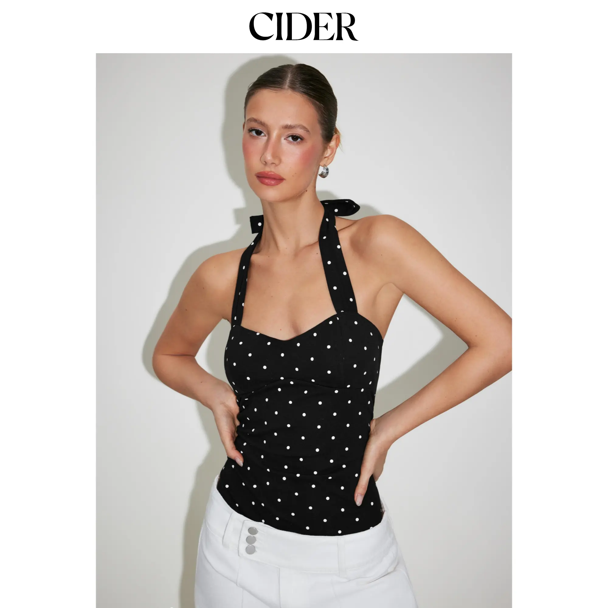 Cider Cotton-blend Sweetheart Polka Dot Tie Back Bodysuit