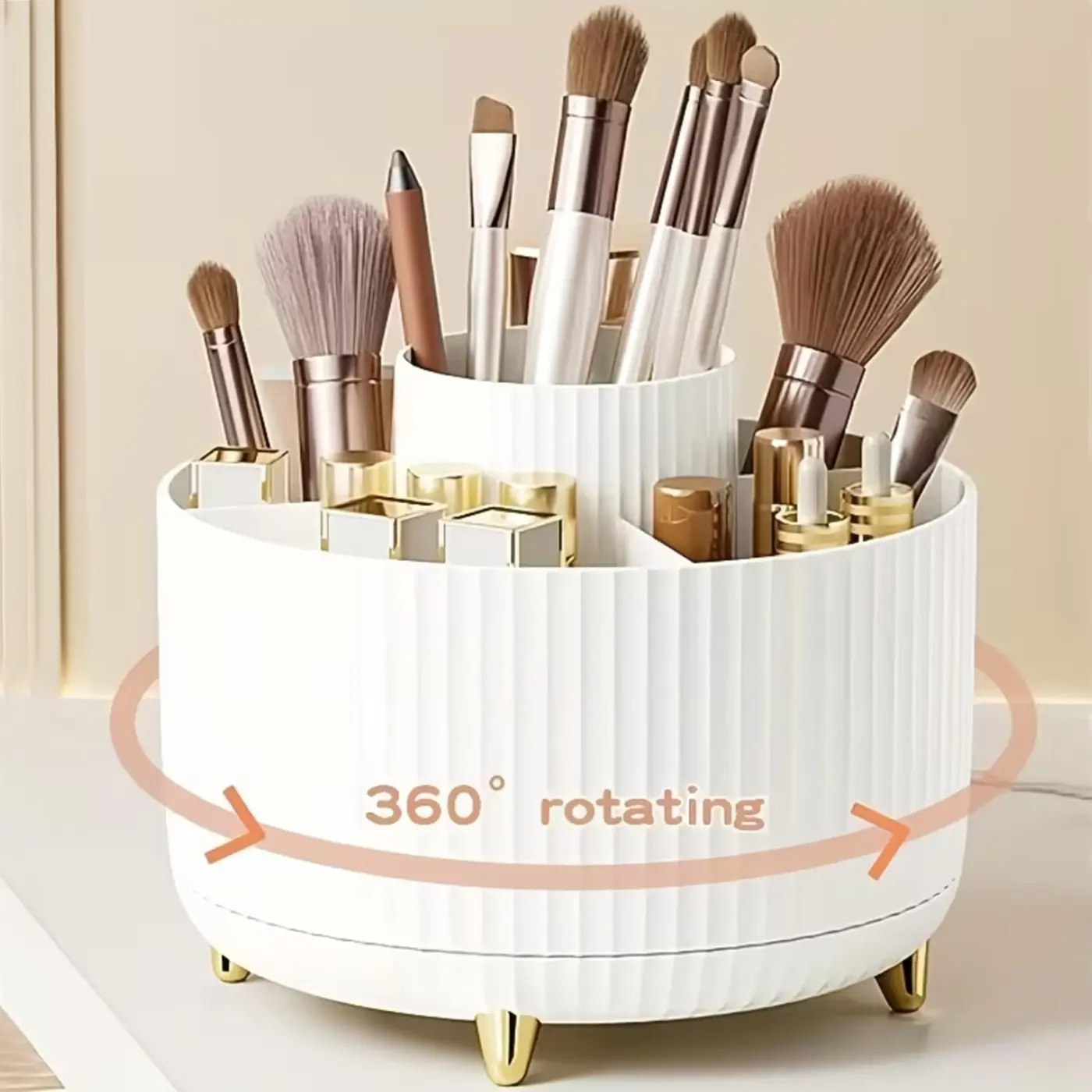 360° Rotating Makeup Organizer, Cosmetic Storage Box - 1pc Plastic Cosmetic Storage with 5 Compartments - Multi-Functional Holder for Brushes, Lipsticks, Skin Care Products - Durable Desktop Cosmetic Holder Desk Caddy with Stripe Design