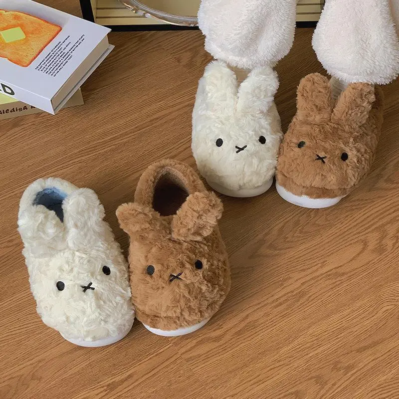 Miffy Bunny Plush Cartoon Rabbit Fuzzy Slippers White Brown Kawaii Cute Animal Warm Indoor Slippers For Girls Trendy Slippers