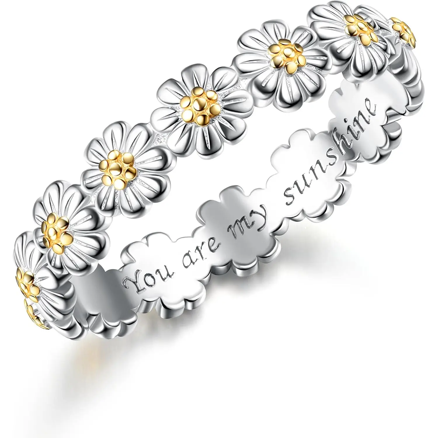 1Pc 925 Sterling Silver Daisy Ring for Women, Flower Ring, 14K Gold Plated Floral Ring, You Are My Sunshine Stackable Band, Mother Daughter Statement Jewelry, Dainty Ring, Size 8
