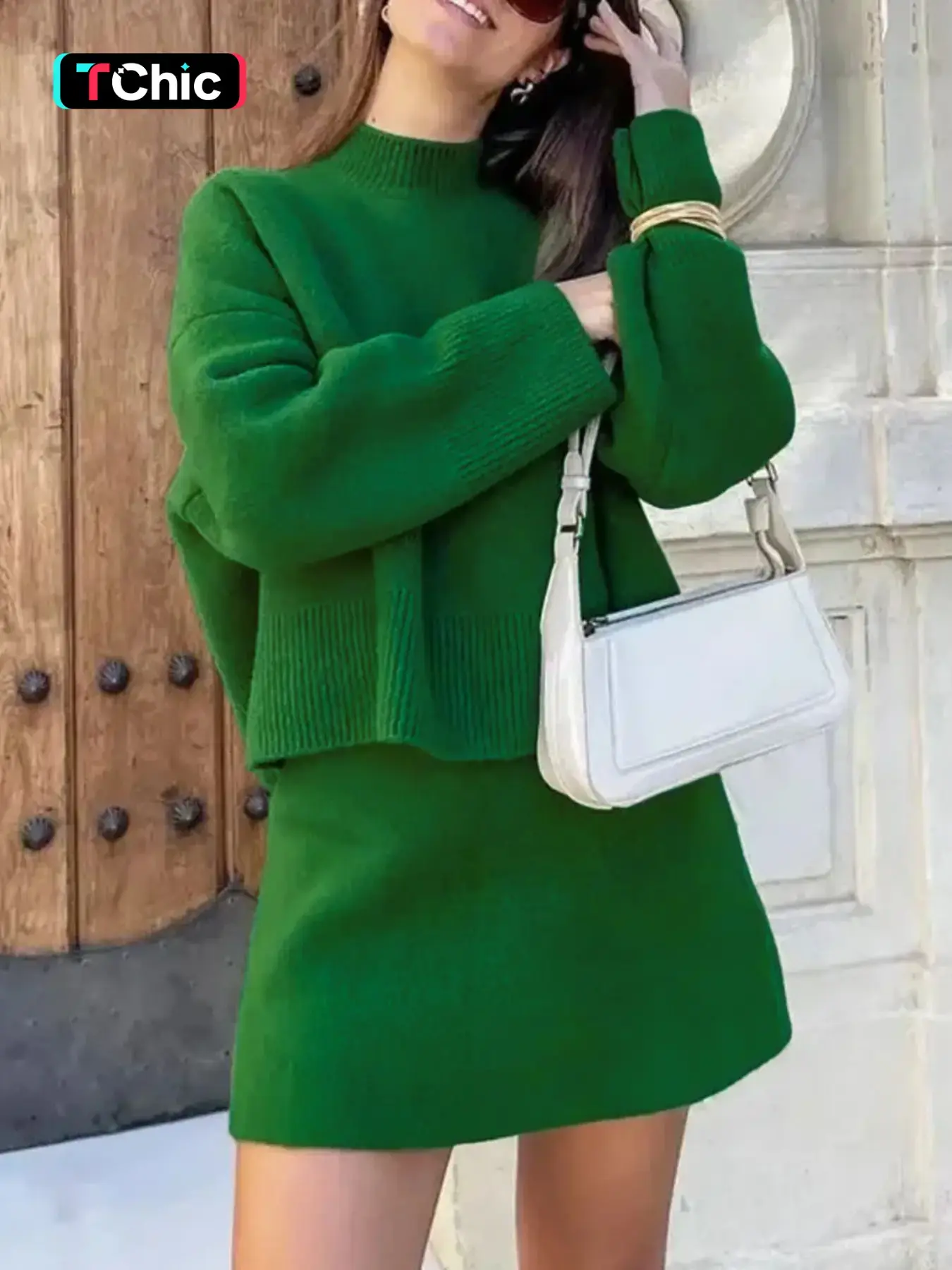 Women's Solid Mock Neck Long Sleeve Top + Elastic Waist Short Skirt – Fall Winter Christmas Festive Vibes Simple Casual Fashion Cozy Sweater Skirt Set, Street Casual Matching Wear