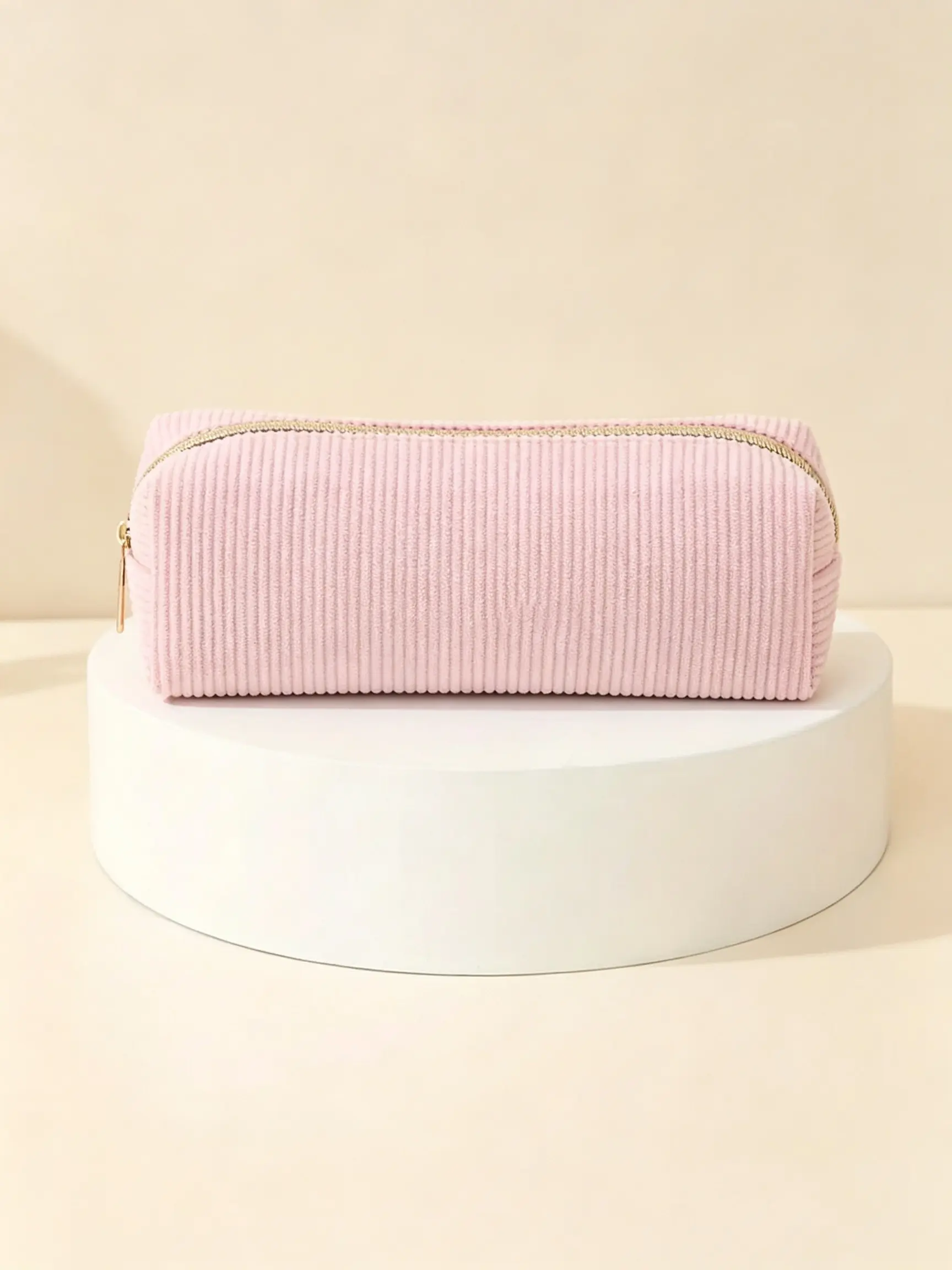 1pc Vertical Stripe Corduroy Zipper Pencil Case, Soft Multicolor Zipper Portable Storage Bag, Lightweight Design Multi-Use Organizer