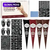 Professional Natural Henna Temporary Tattoo Kit with Henna Designs, Multi-Color Plant Henna Cones & Over 200 Reusable Hollow Stencils, Skin-Friendly DIY Body Art for Women, Exotic Temporary Tattoos for Weddings, Festivals and Parties #GLOBAL PICKS