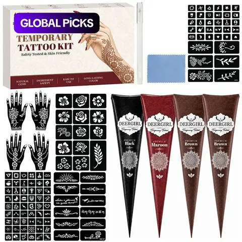 Professional Natural Henna Temporary Tattoo Kit with Henna Designs, Multi-Color Plant Henna Cones & Over 200 Reusable Hollow Stencils, Skin-Friendly DIY Body Art for Women, Exotic Temporary Tattoos for Weddings, Festivals and Parties #GLOBAL PICKS
