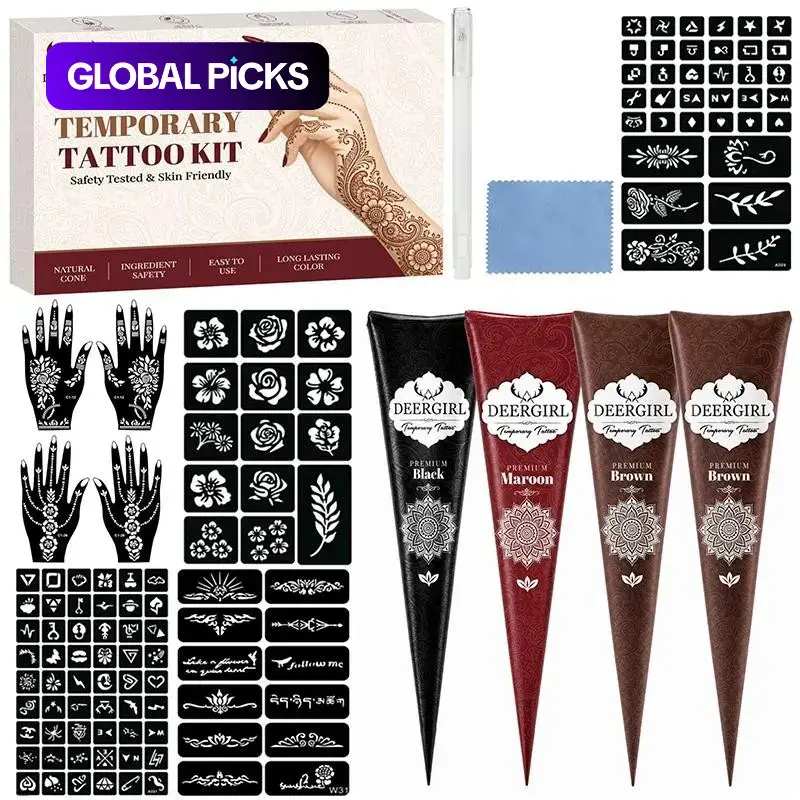 Professional Natural Henna Temporary Tattoo Kit with Henna Designs, Multi-Color Plant Henna Cones & Over 200 Reusable Hollow Stencils, Skin-Friendly DIY Body Art for Women, Exotic Temporary Tattoos for Weddings, Festivals and Parties