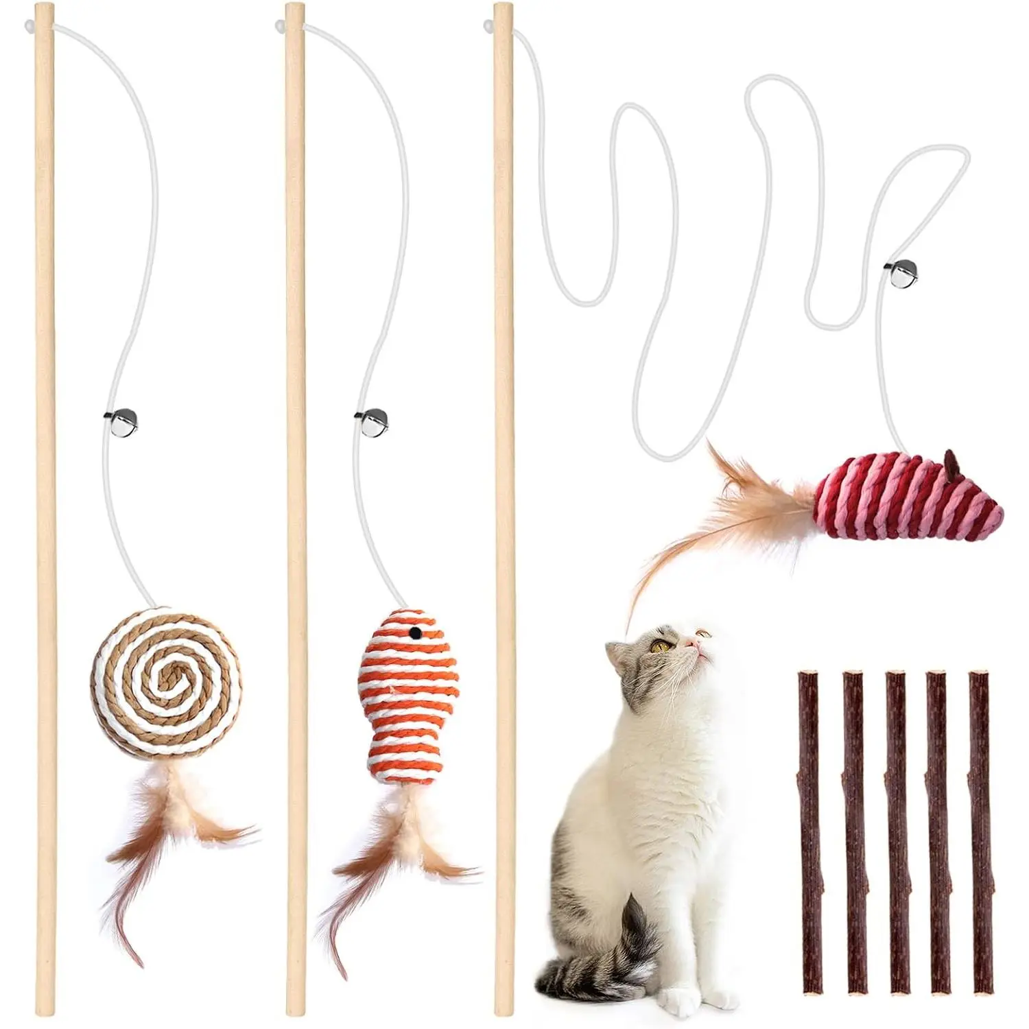 3-Pack  Wand Toys, 16-Inch  Wooden Teaser Wand with 5 Silvervine Sticks, Interactive  Wand for Indoor Cats