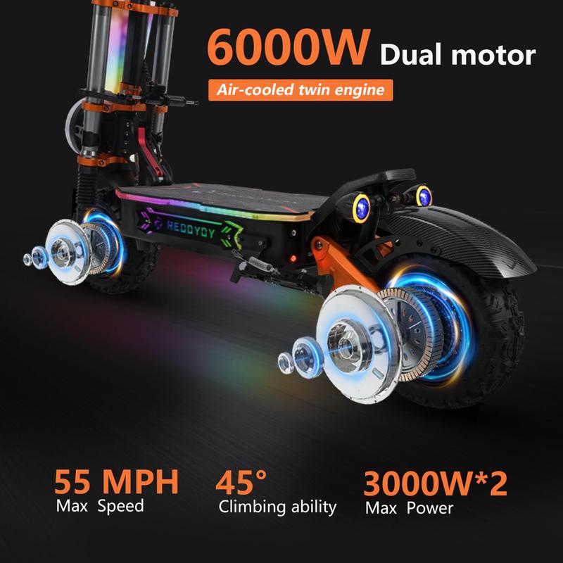 [REDDYDY] 2025 RD1 6000W Dual Motor Electric Scooter for Adults - 55 MPH, 60V 43Ah Battery, 75-Mile Range, 11-Inch Off-Road Tires, Front and Rear Hydraulic Disc Brakes, Dual Suspension, Weight Limit 200 Kilograms, UL 2272 Certified