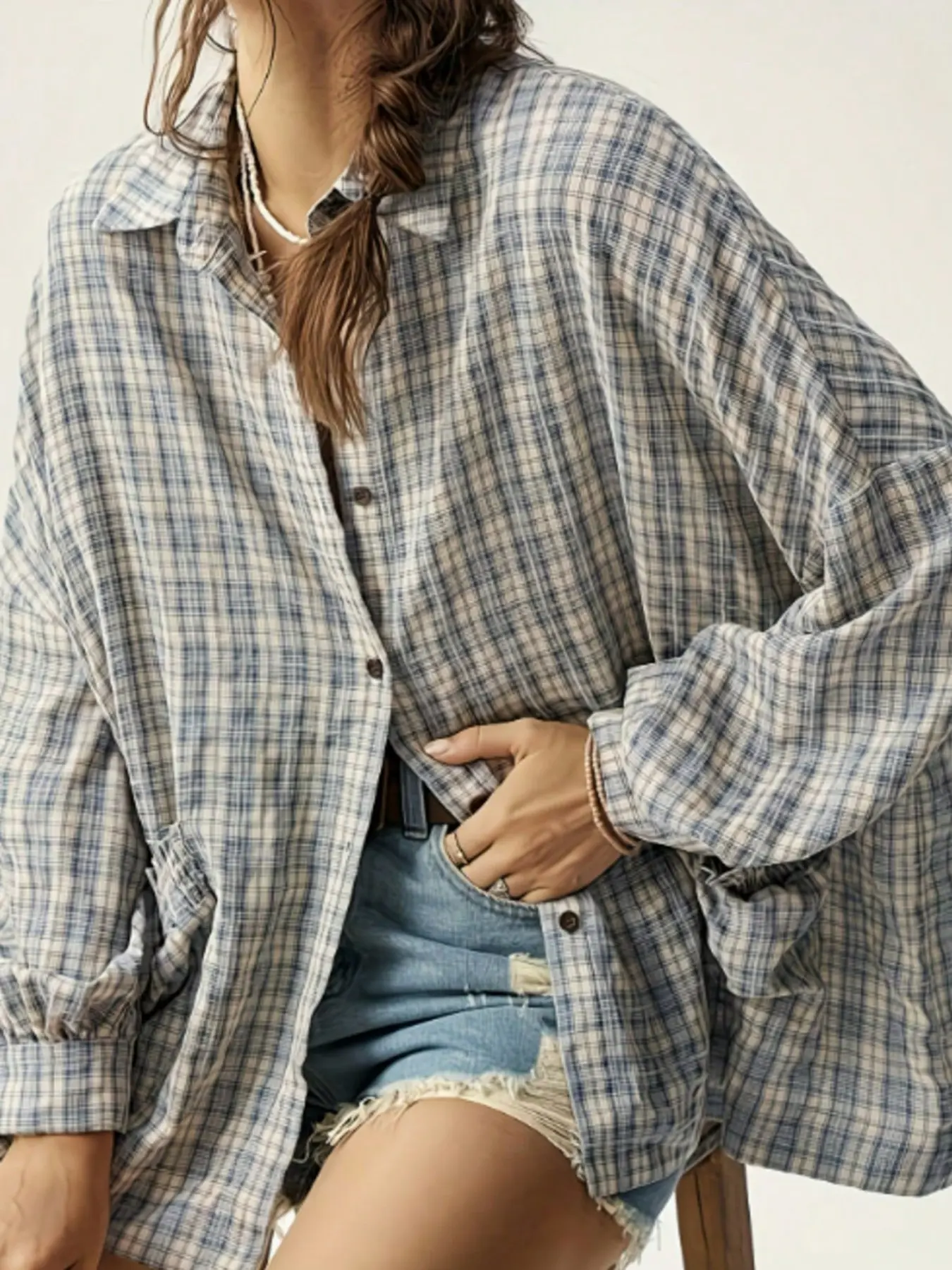 Women's Blue Plaid Oversized Baggy Pouch Pocket Long Sleeve Collared Shirt Blouses, Comfortable Loose Fit Top, Vintage Street Casual Style Chic, All Seasons