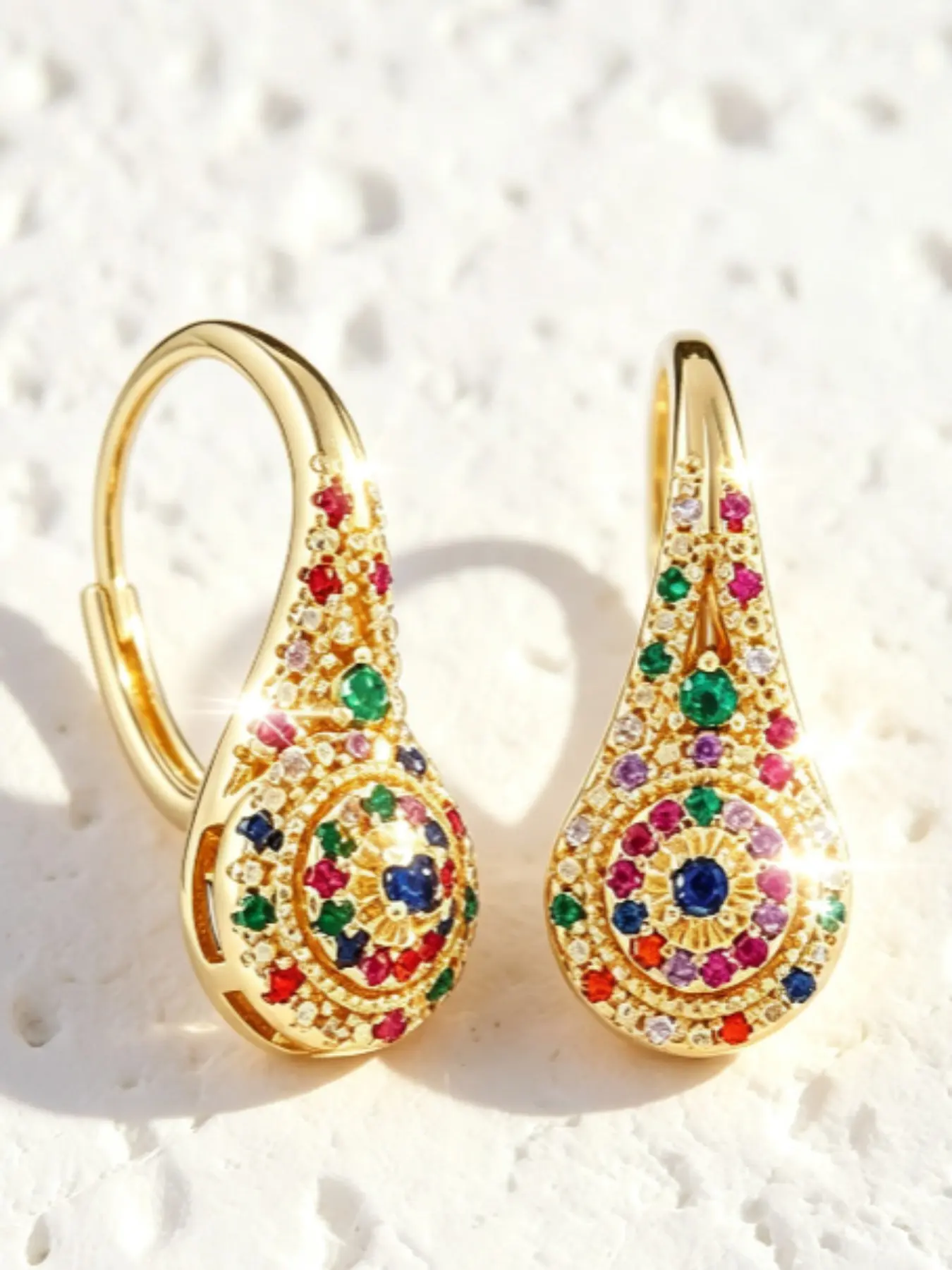 Boho Rainbow Zircon Dangle Earrings, Hoop Earrings, Elegant Multicolor Gemstone Jewelry, Perfect for Parties and Special Occasions