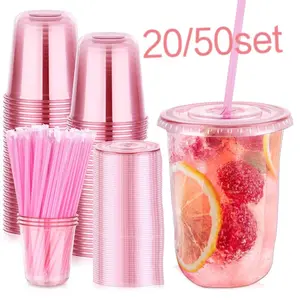 20/50 Pack 16oz Plastic Party Cups with Lids and Straws, Disposable Ice Coffee Cups with Lids, Round Bottom Drinking Cups for Parties, Plastic Cups with Sip Lids