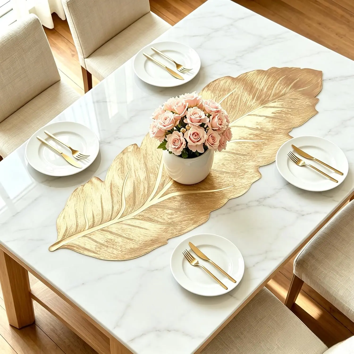 36 Inch Small Gold Table Runner, Heat Resistant Vinyl Table Runners Water Resistant Table Cover, Leaf-Shaped Short Table Runner for Wedding, Christmas, Holiday & Home Decor