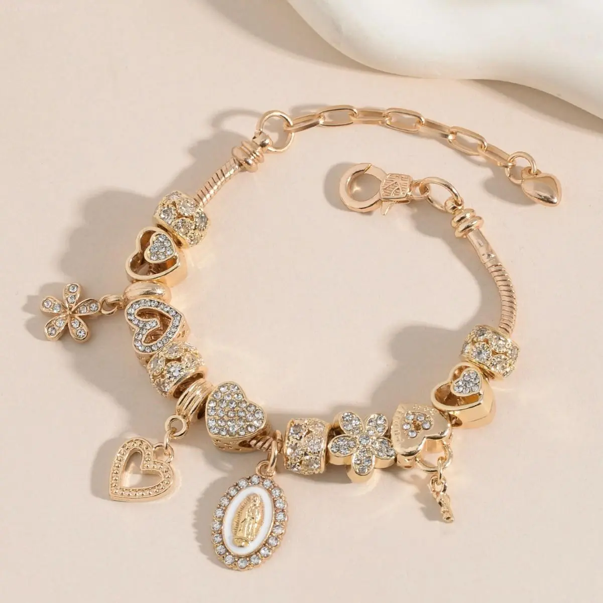 Women's Beaded Bracelet, Boho Gold Plated Christian Accessories with Virgin Mary, Rhinestone Heart, Flower, Key & Lock Charms, Religion, Virgin Mary Necklace, Flowers, Beads, Bracelets, Necklaces For Women, Christian Gift, Heart Flowers