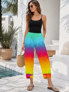 Rainbow Gradient Print Capri Pants for Women, Elastic Waist Loose Fit, Side Pockets, Asymmetrical Hem, Casual Vacation Pants
