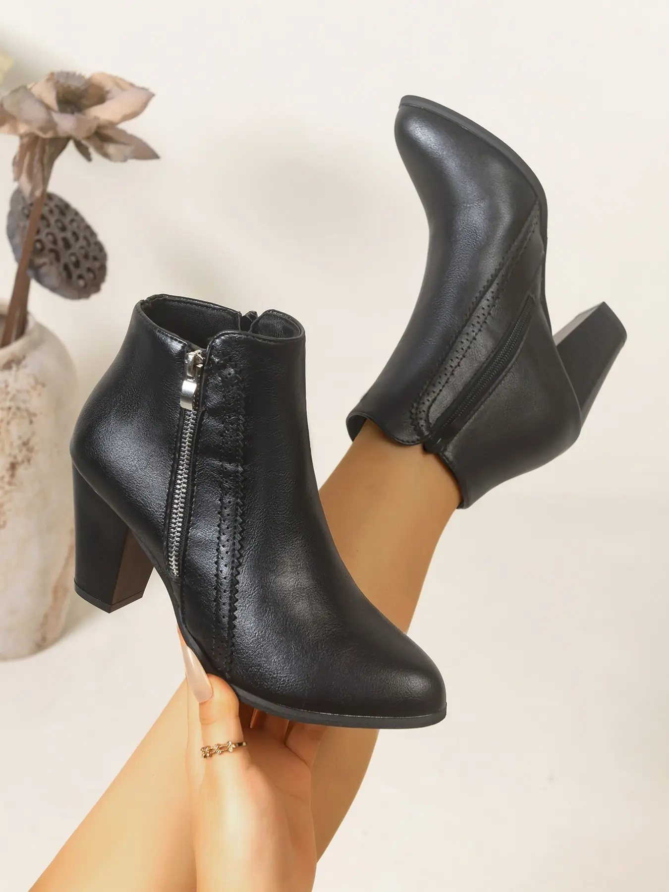 Pointed Toe Chunky Heel Short Boots for Women, Side Zipper Soft Leather Ankle Boots, Casual Office Daily Wear High Heels
