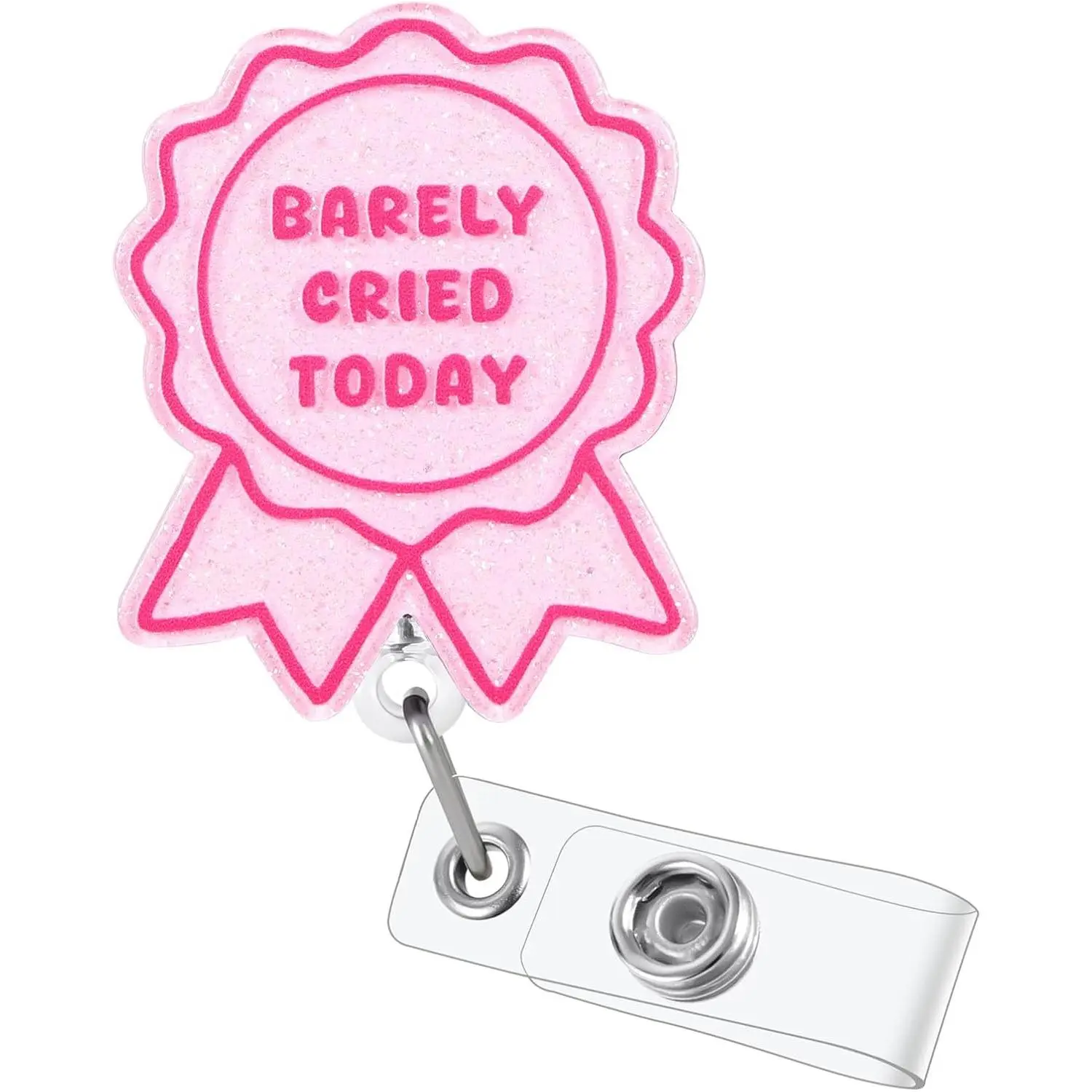 Funny Pink Nurse Badge Reel with "Barely Cried Today" Acrylic ID Badge Holder Clip for RN, LPN, CNA, MA, ER, ICU, Psych, OB/GYN, Pediatrics, Pharmacy Tech, Nursing Student, Nurse Gifts