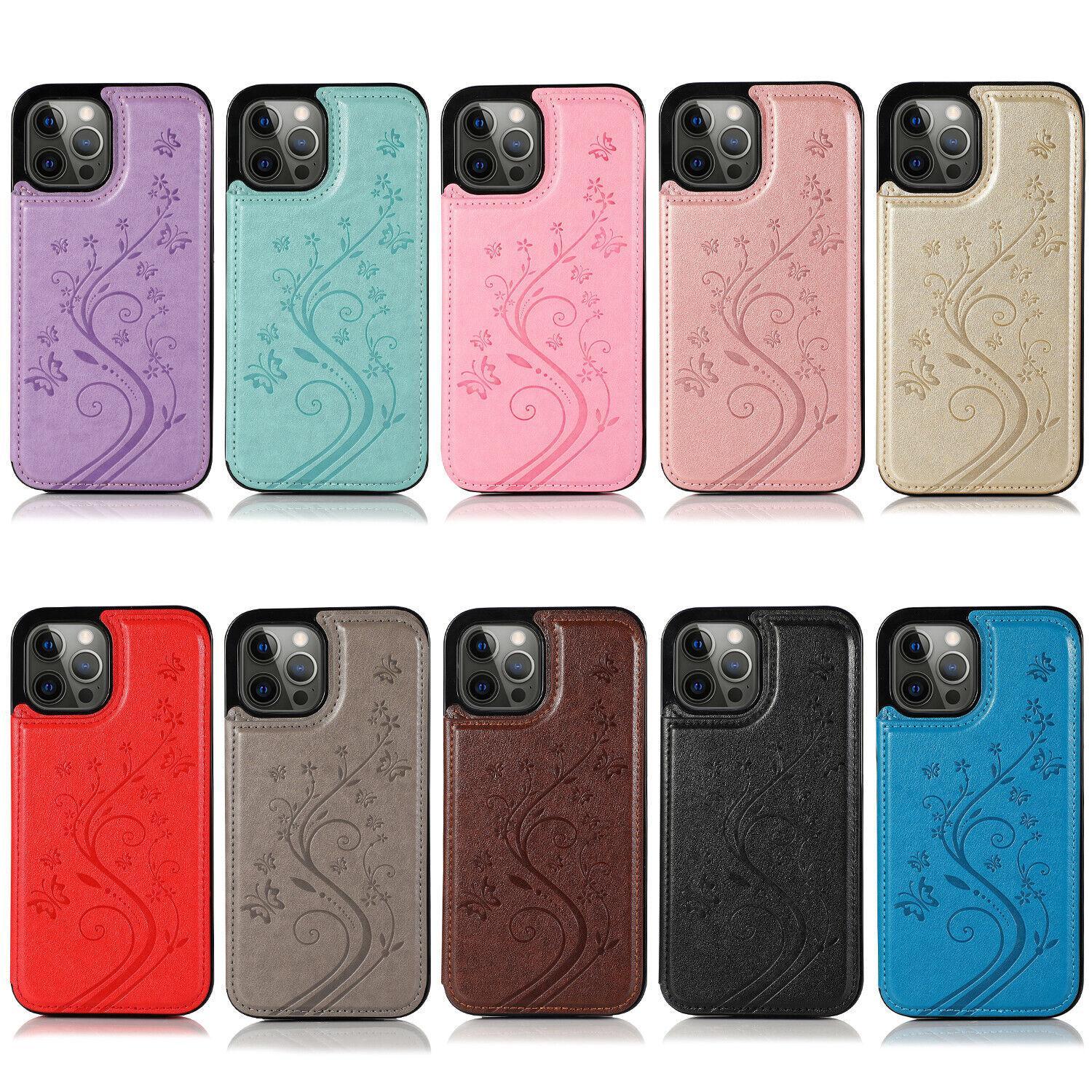 HISTORYOO Card Slots Case For iPhone 17 Pro Max Air 17 16 15 14 13 12 11 Pro Max 16 15 14 Plus / Pro Wallet Card Holder Stand Durable Magnetic Clasp Soft TPU Shockproof Back Cover Flower Butterfly Pattern Bumper Rubber Retro PU-Leather Phone Case