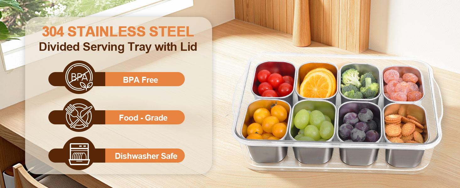 Snackle Box Container with Ice Pack, 304 Stainless Steel Divided Serving Tray, Snacklebox with Insulated Bag, 8 Compartment Platter Box with Lid and Handle for Beach, Road Trip, Boat Days, Pool Party