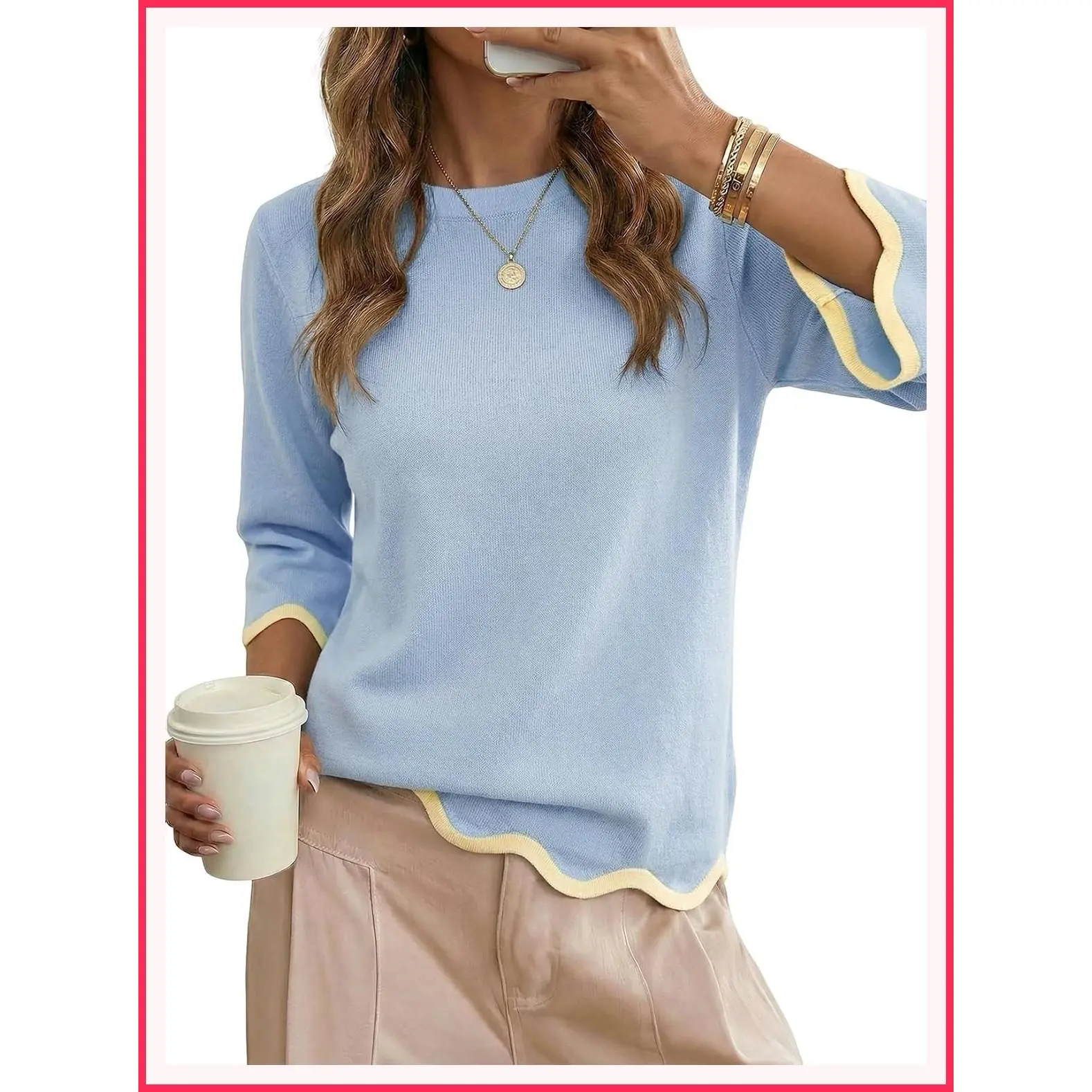 Women's 3/4 Sleeve Crewneck Casual Wool Pullover Sweater TopsGift