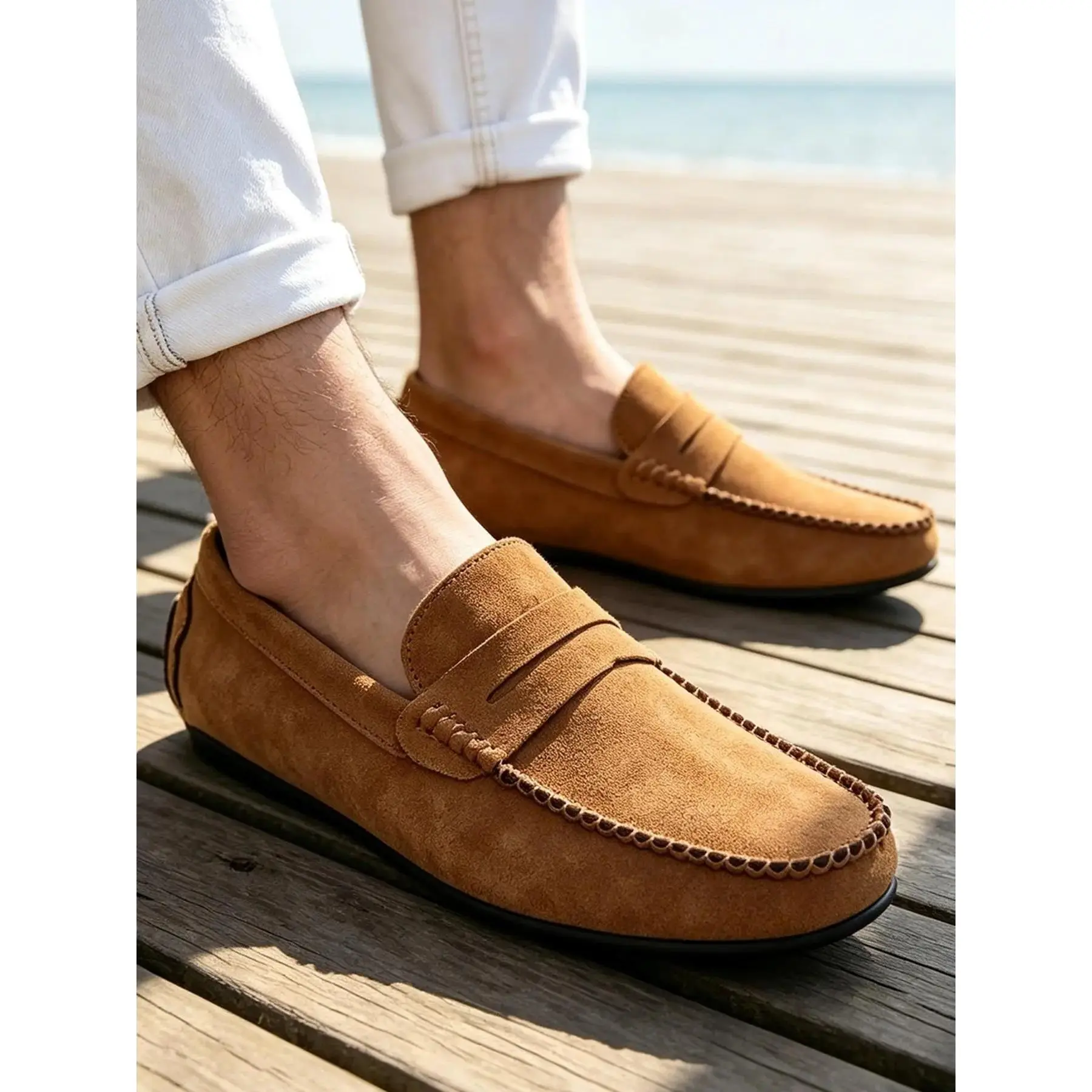 YYW1 Men's Handcrafted Plain Slip-On Suede Flat Loafers, Rubber Sole, Soft Lightweight Casual Driving Shoes for Daily Wear